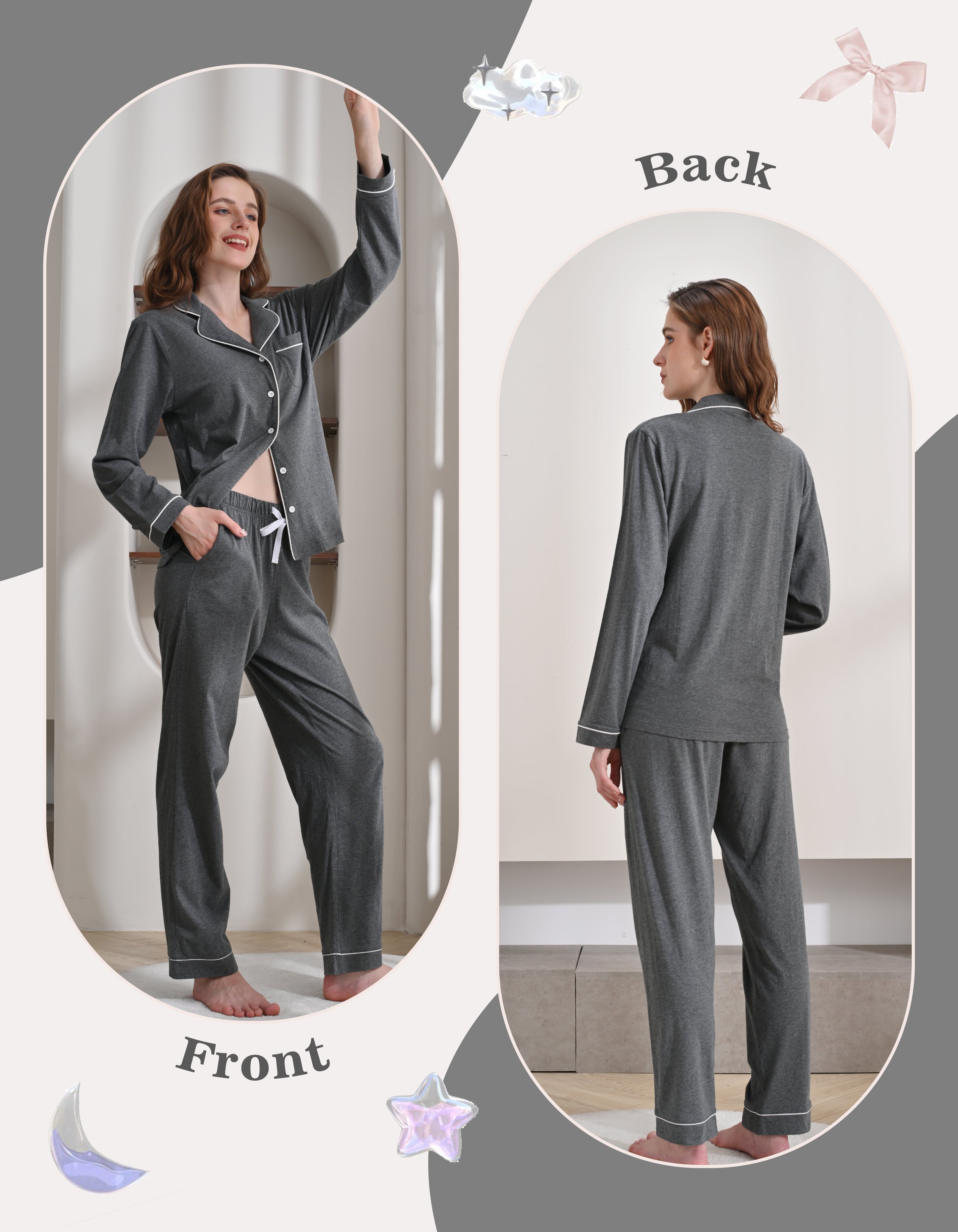 Front and back view comparison of dark gray women’s knit cotton pajama set