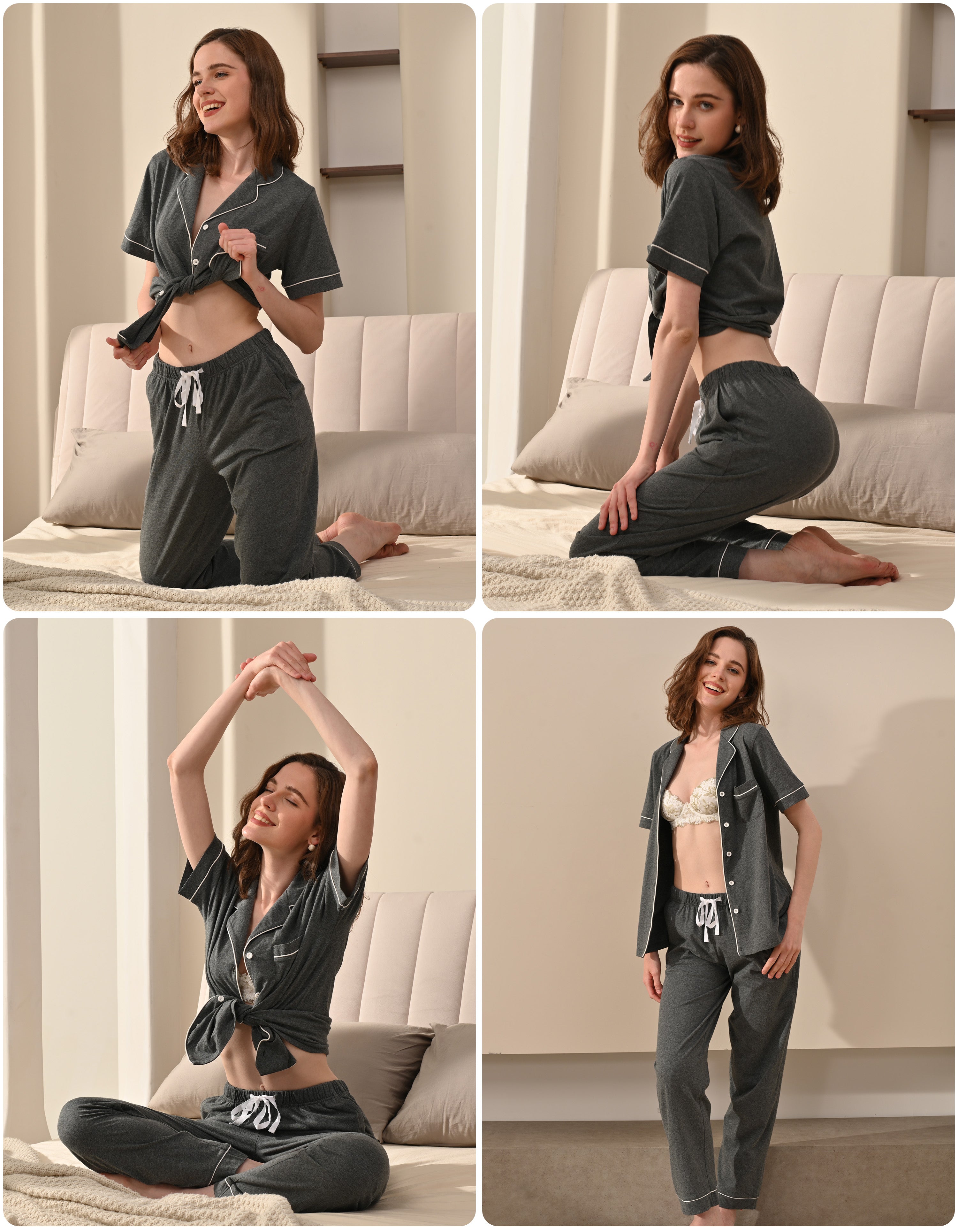 Model wearing dark gray knit cotton pajamas in cozy home and bedroom scenes