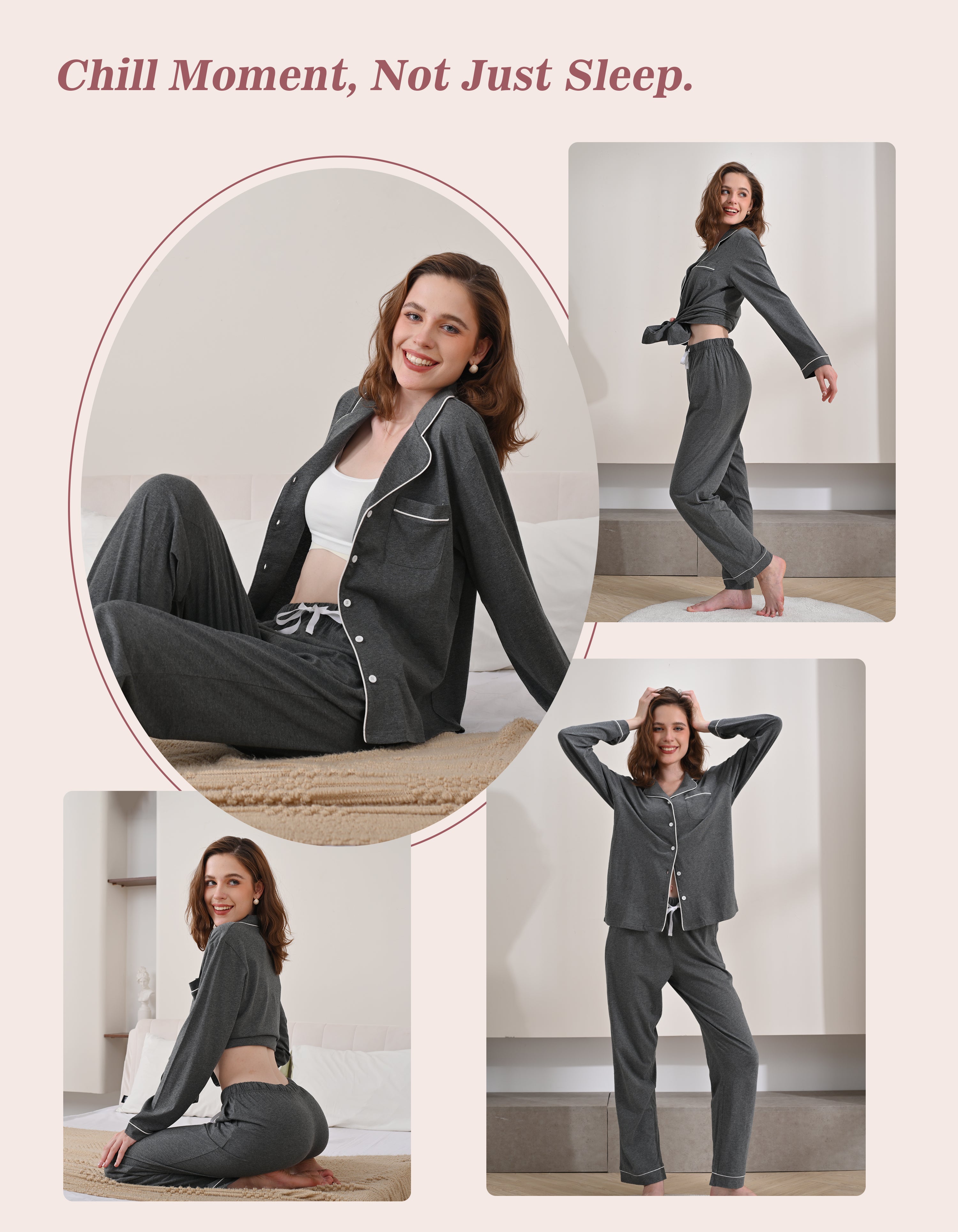 Model wearing dark gray knit cotton pajamas in cozy home and relaxing scenes