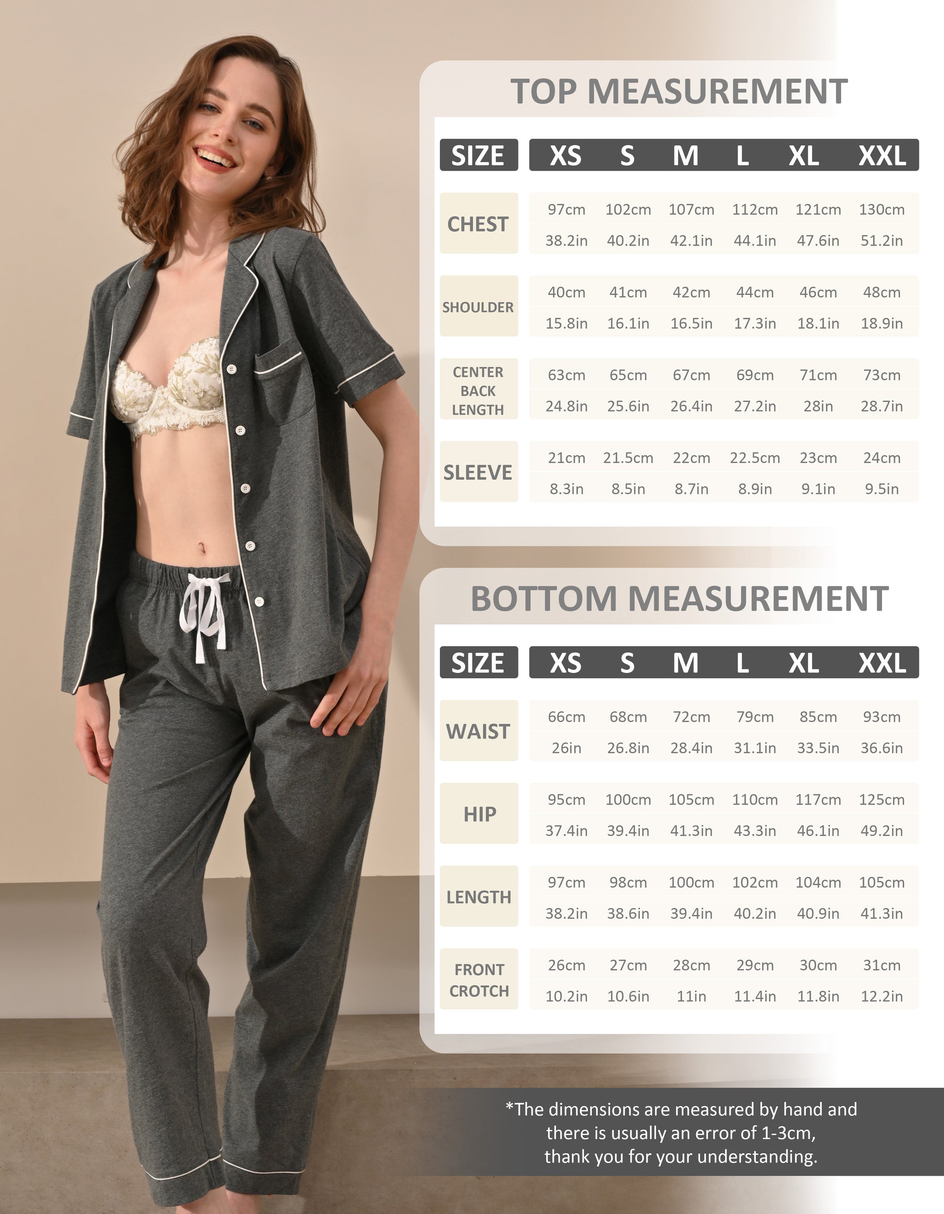 Size chart for women’s dark gray knit cotton pajama set top and pants