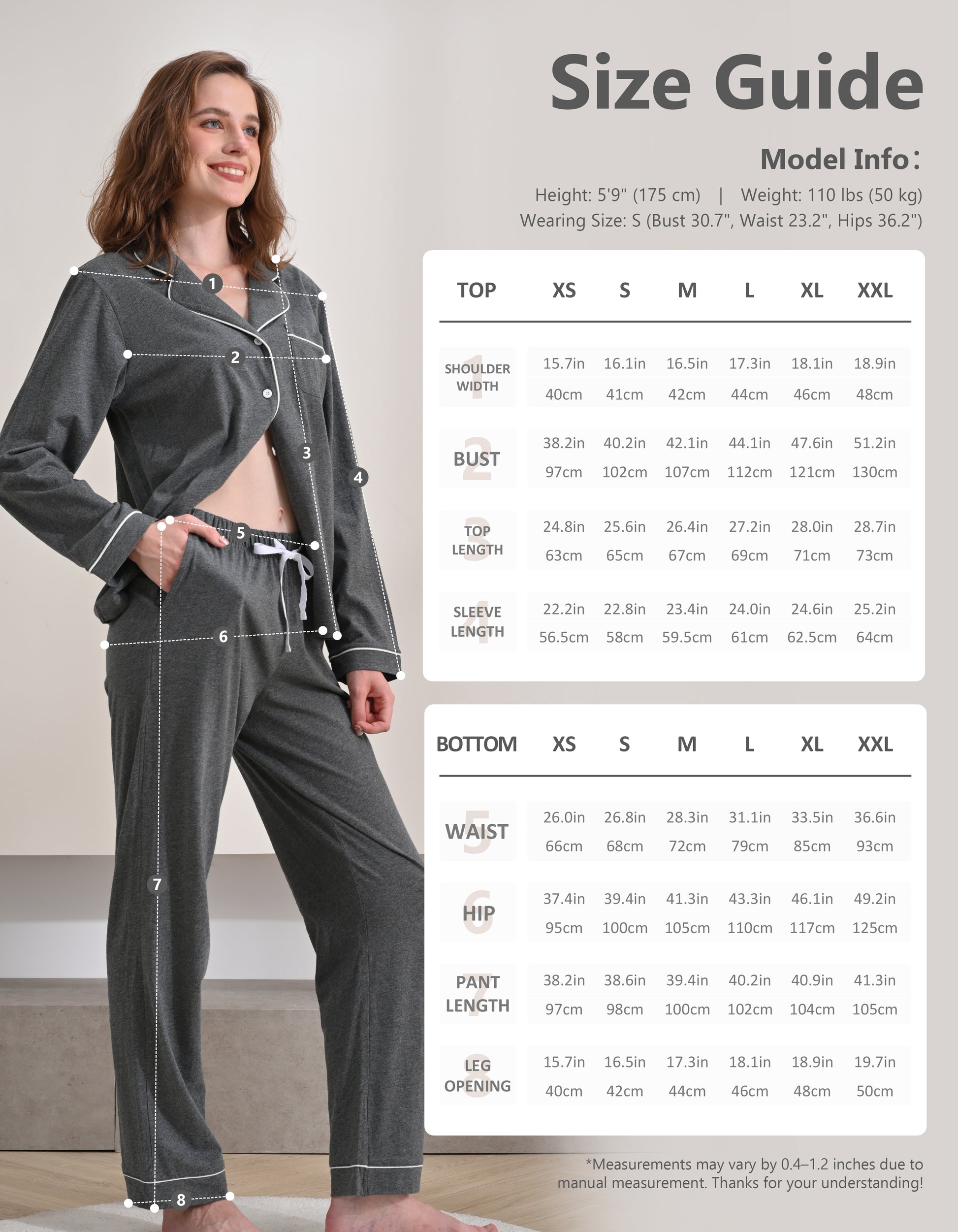 Size chart for women’s dark gray knit cotton pajama set top and pants
