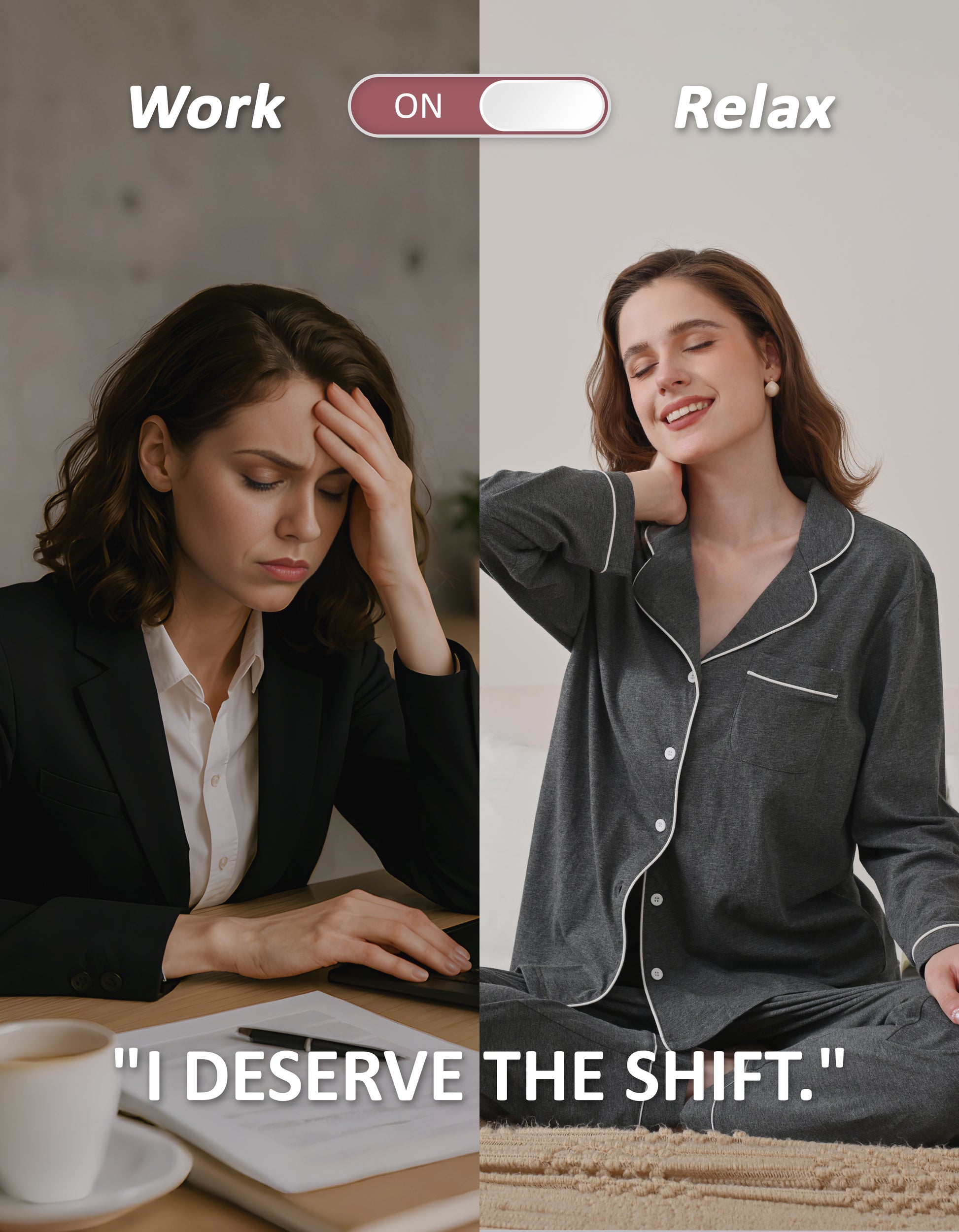 Work to relax lifestyle comparison showing women wearing dark gray knit cotton pajamas