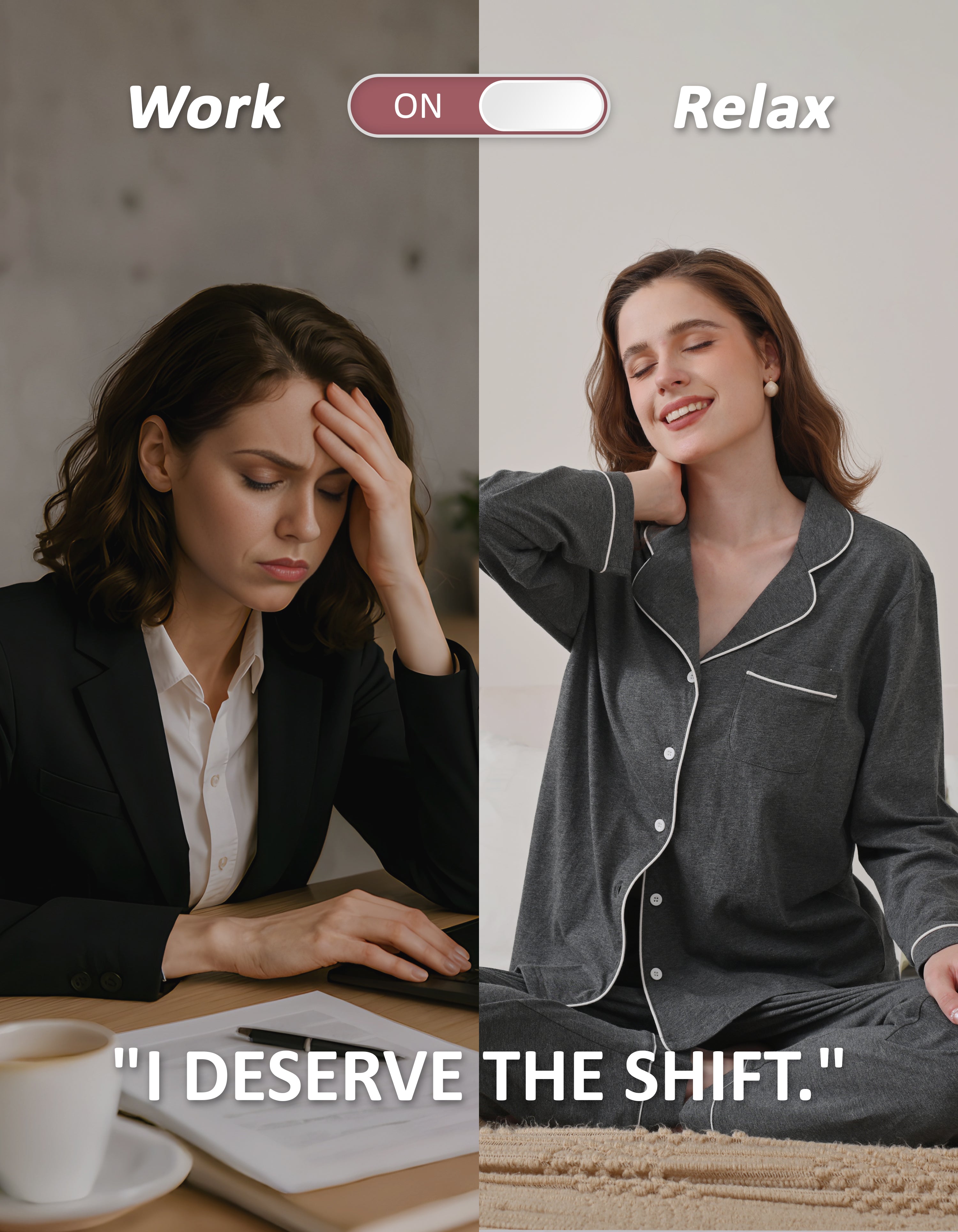 Work to relax lifestyle comparison showing women wearing dark gray knit cotton pajamas