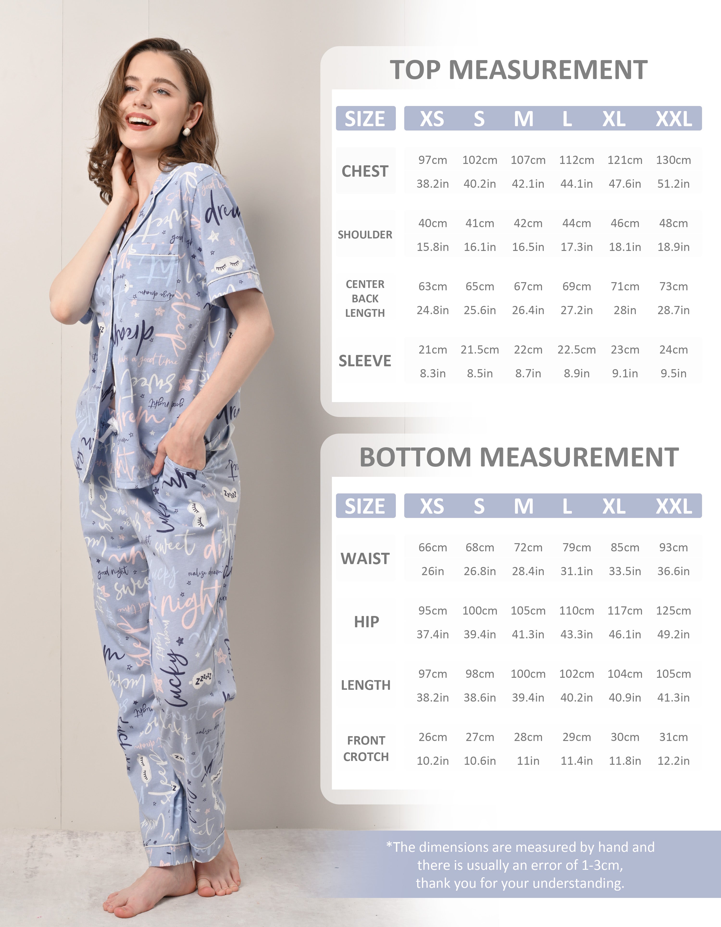 Size chart for women’s letter print cotton pajama set top and pants