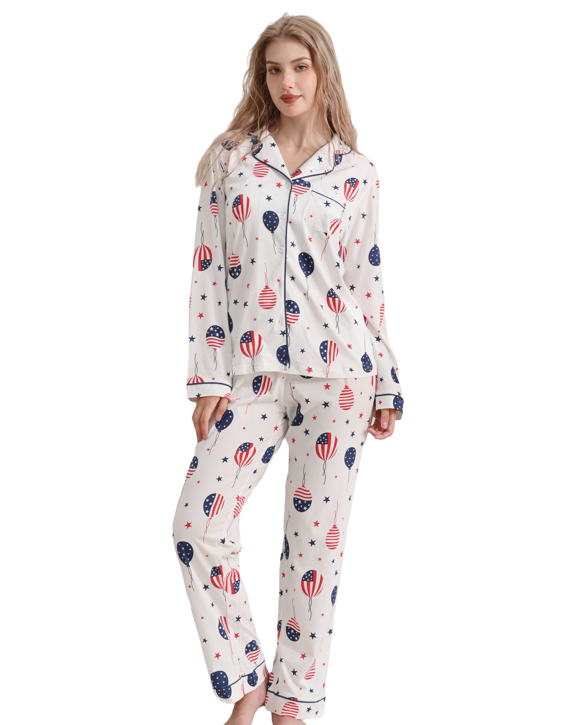 Flag print women’s knit cotton pajama set front view on white background