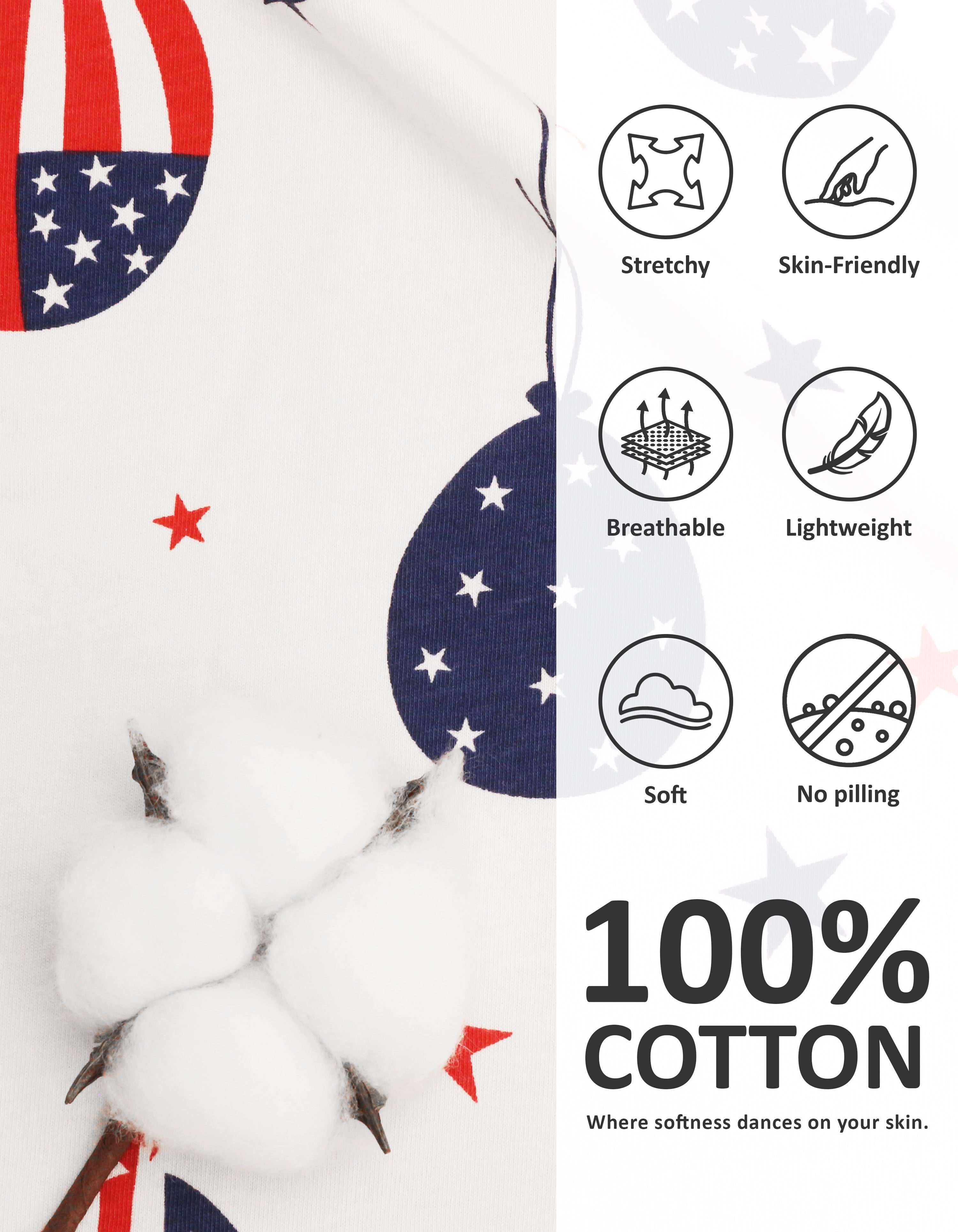 Close-up of flag print knit cotton pajama fabric showing softness and breathability