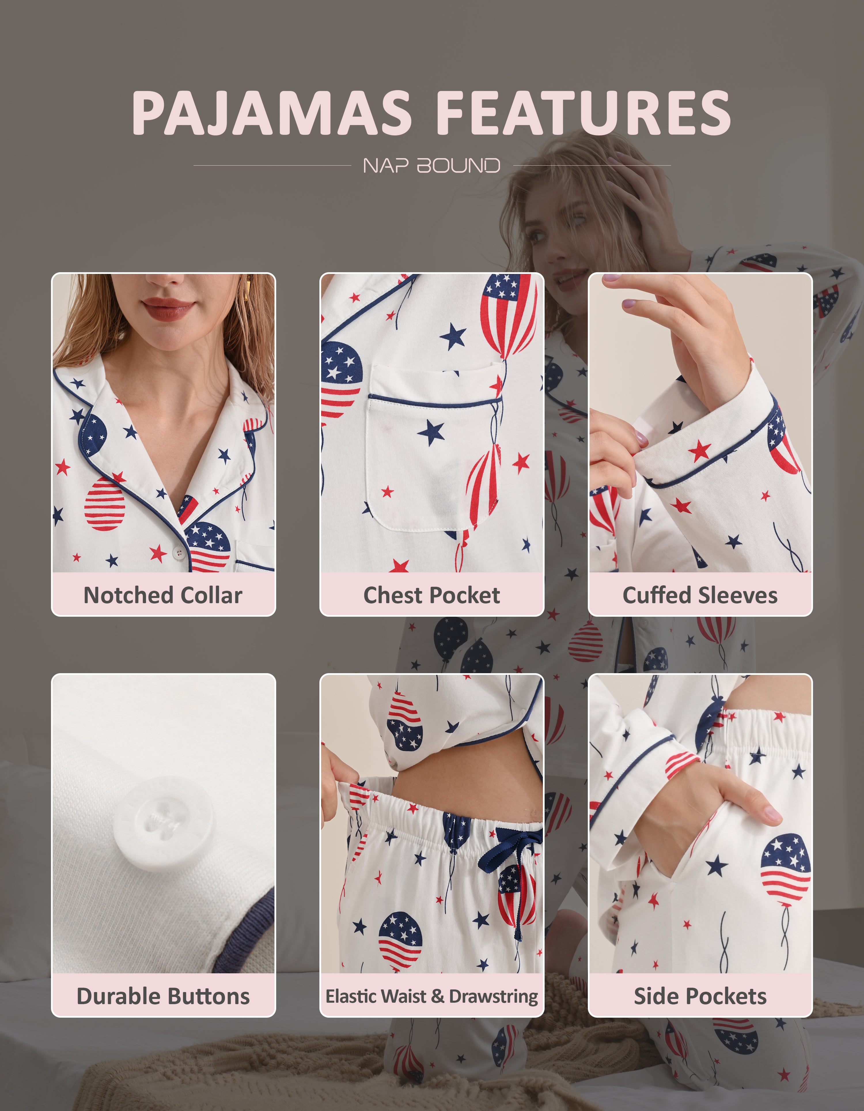 Design details of flag print pajamas including notched collar, chest pocket, cuffed sleeves, buttons, drawstring waist, and side pockets