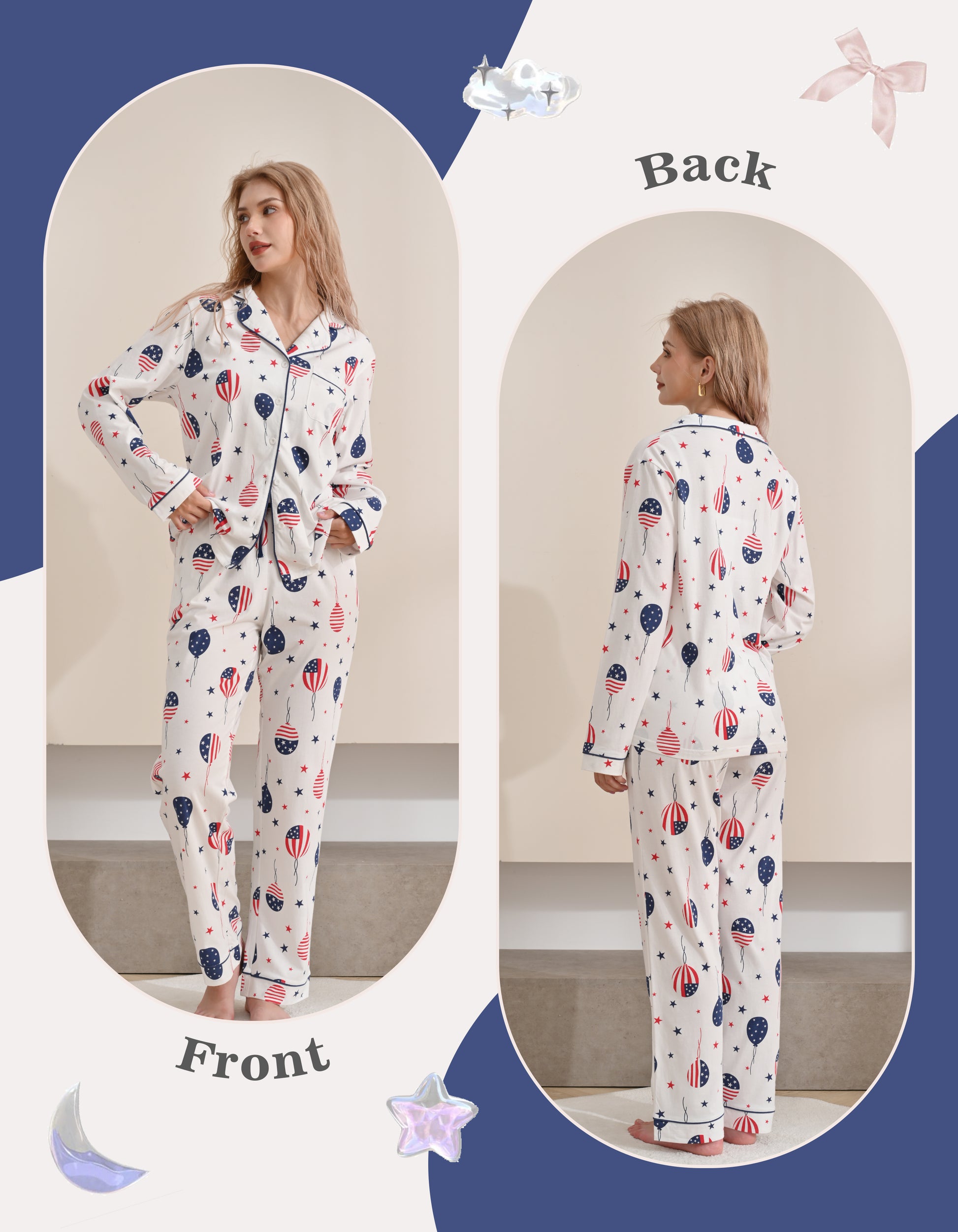 Front and back view comparison of flag print women’s knit cotton pajama set