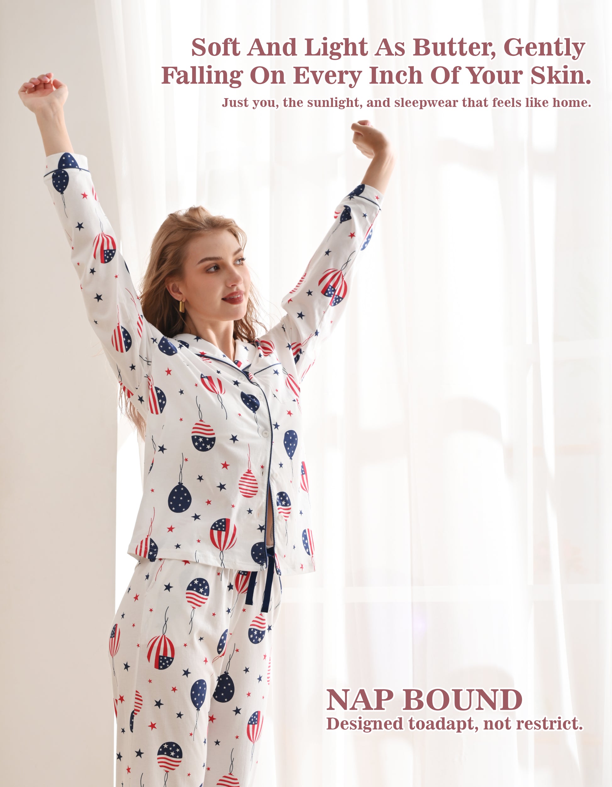 Woman wearing flag print knit cotton pajamas in soft daylight home scene