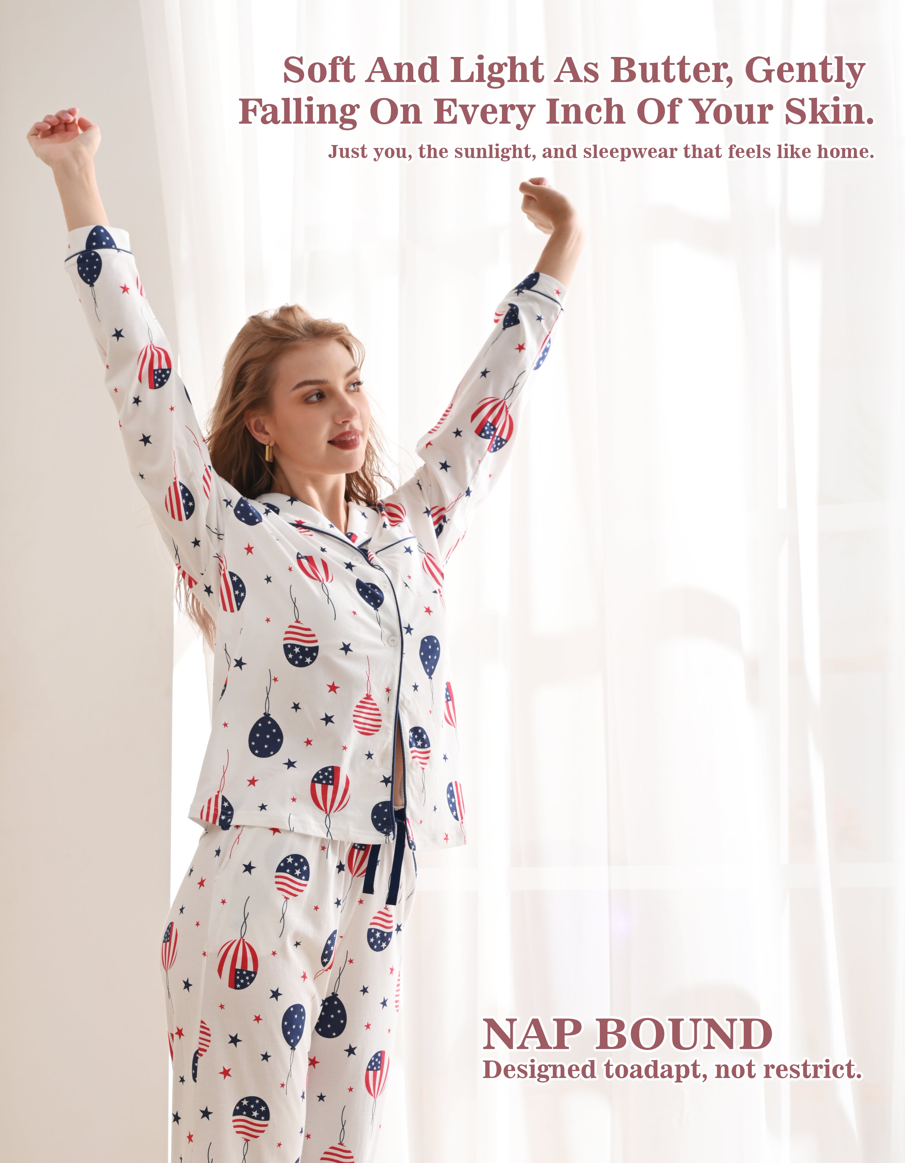 Woman wearing flag print knit cotton pajamas in soft daylight home scene