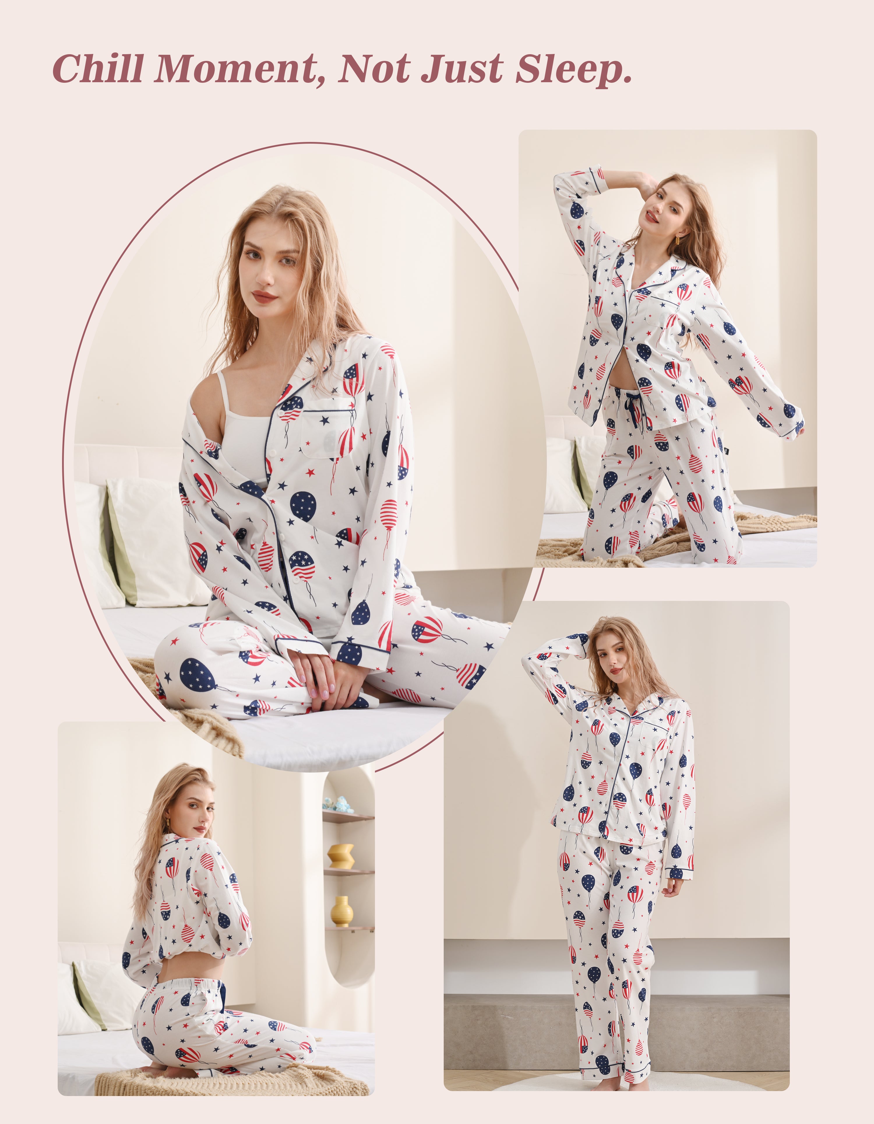 Model wearing flag print knit cotton pajamas in cozy home and relaxing scenes