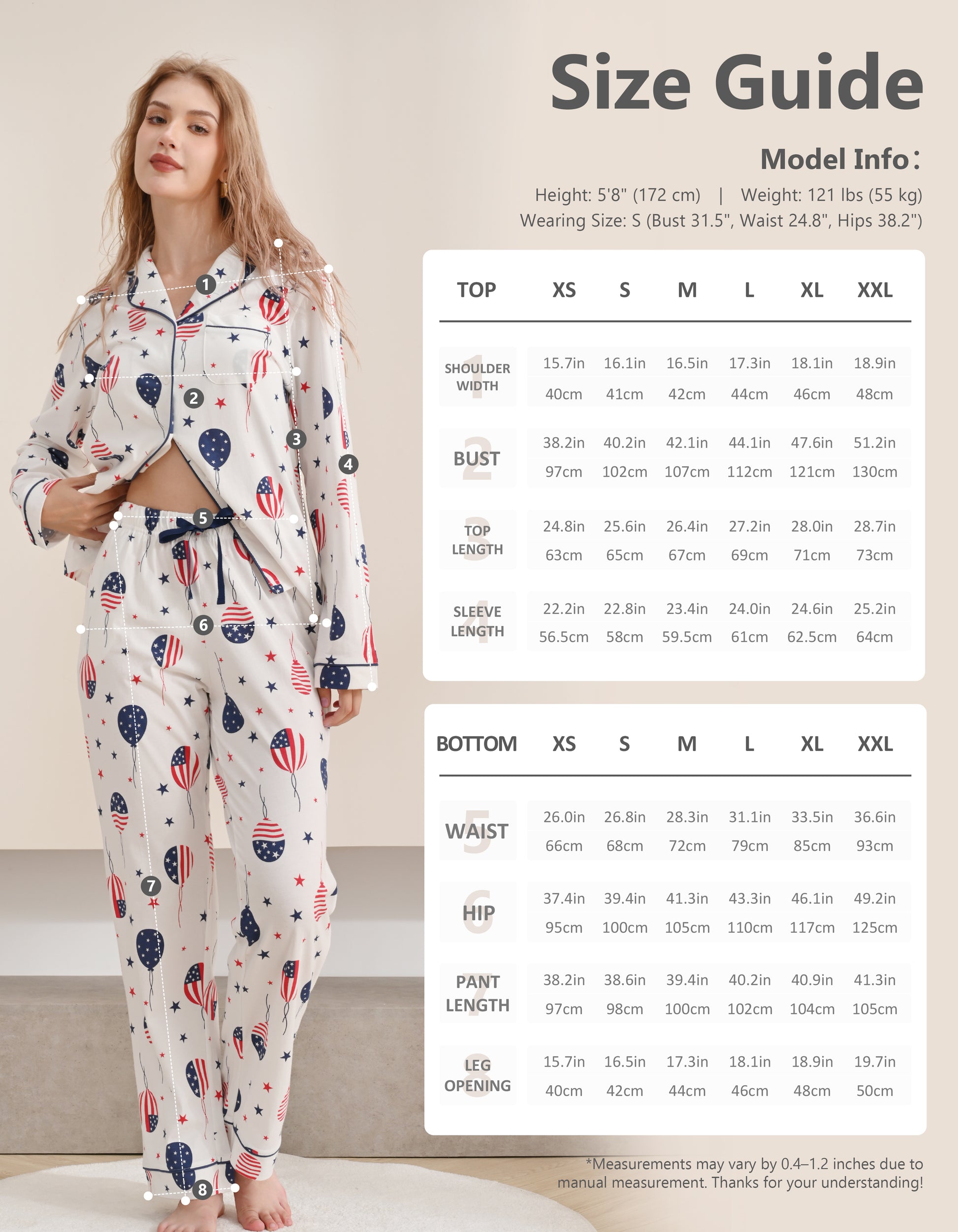 Size chart for women’s flag print knit cotton pajama set top and pants