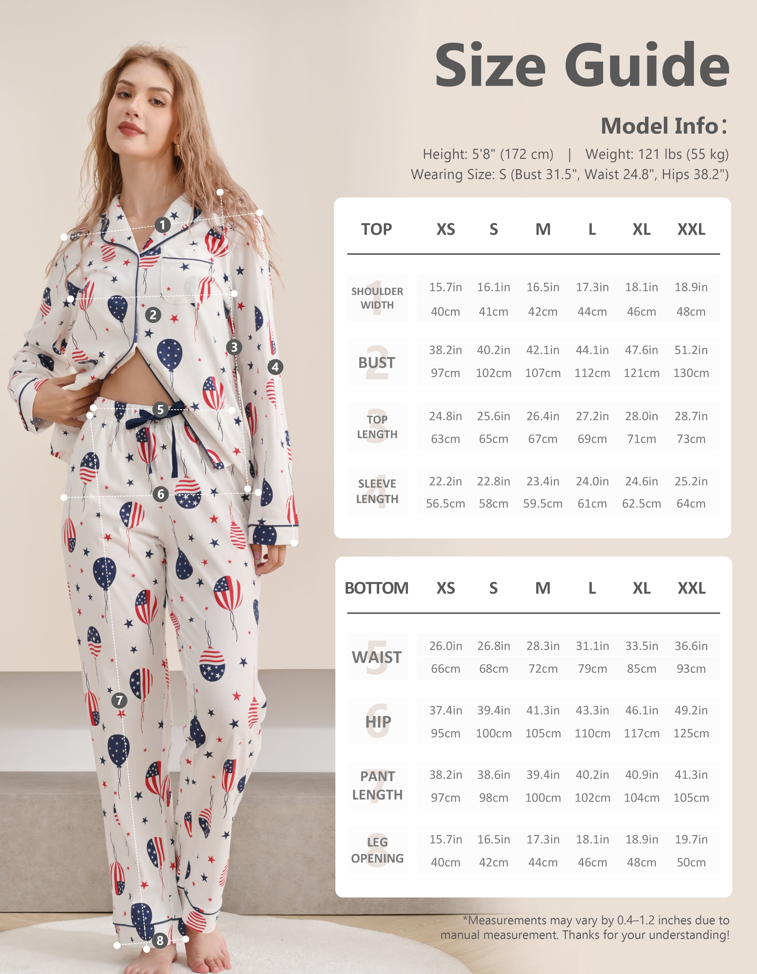 Size chart for women’s flag print knit cotton pajama set top and pants