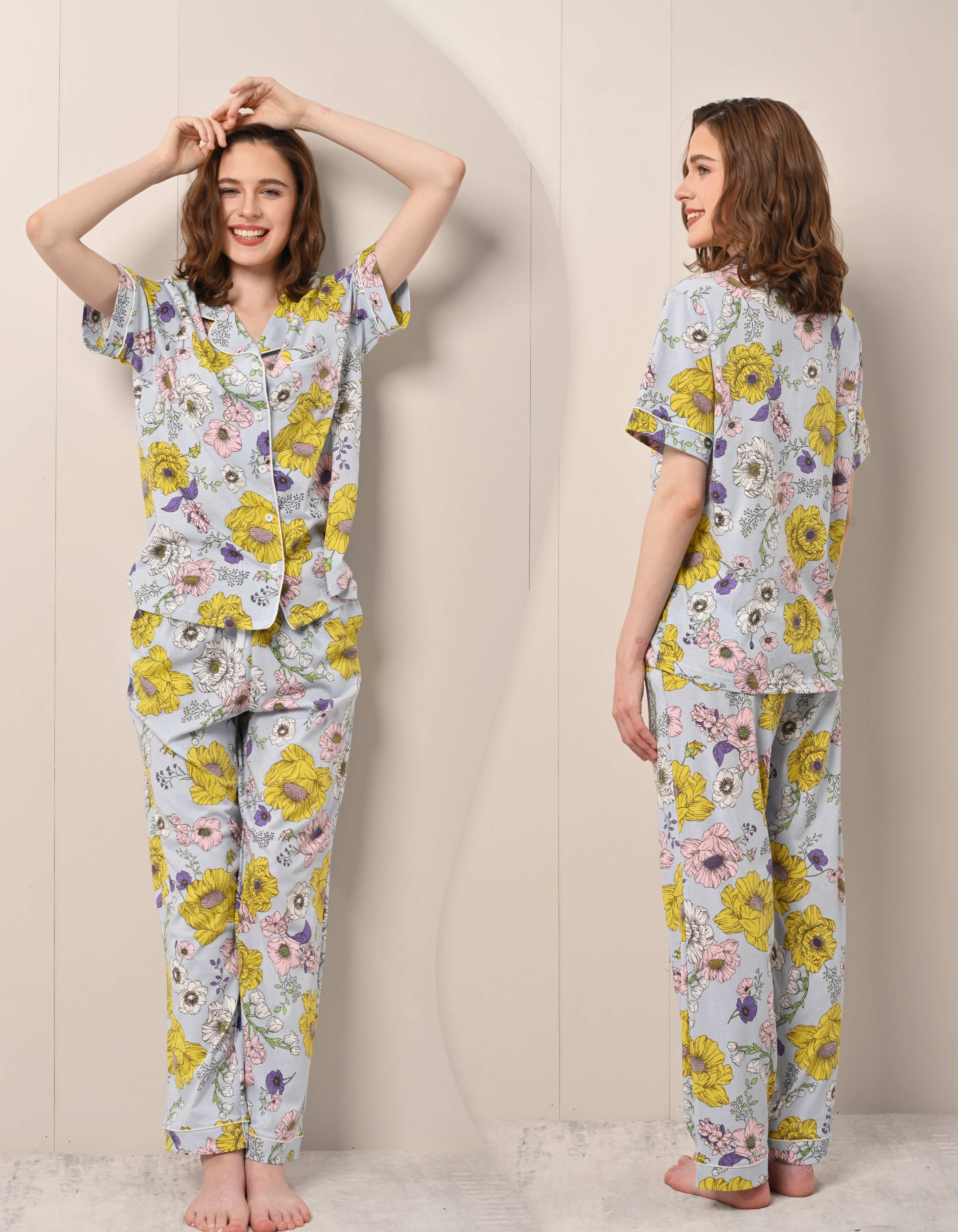 Front and back view of women’s chrysanthemum floral cotton pajama set
