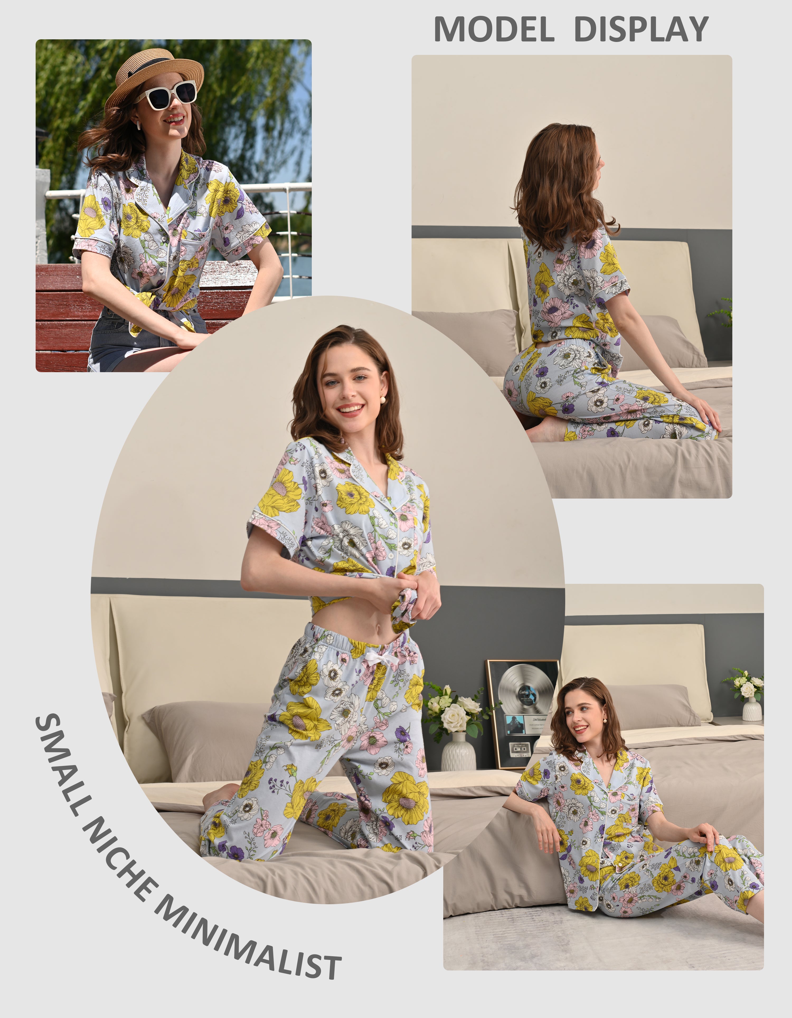 Model wearing chrysanthemum floral cotton pajama set for lounging and sleepwear