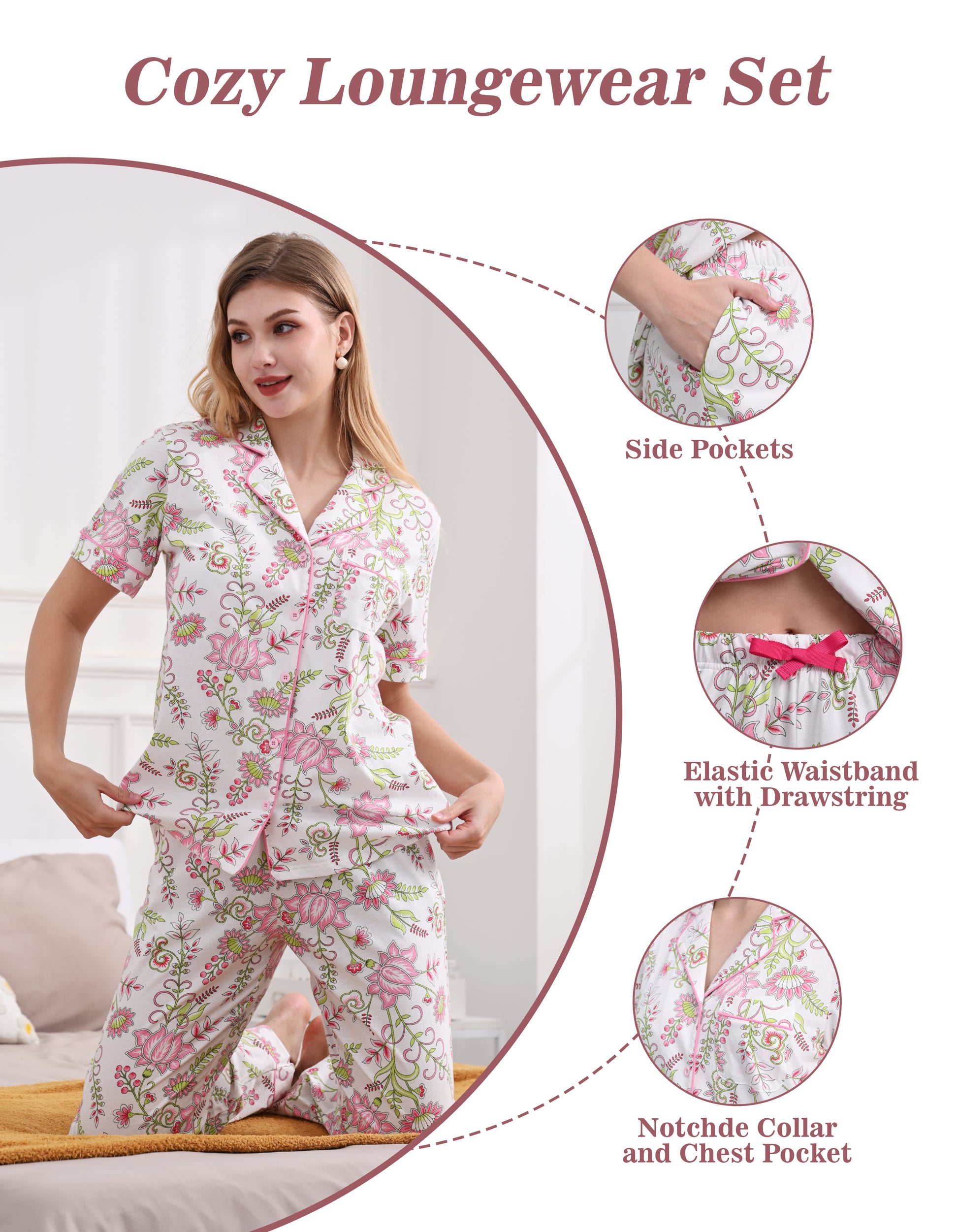 Floral print pajama set with notched collar elastic waistband and side pockets