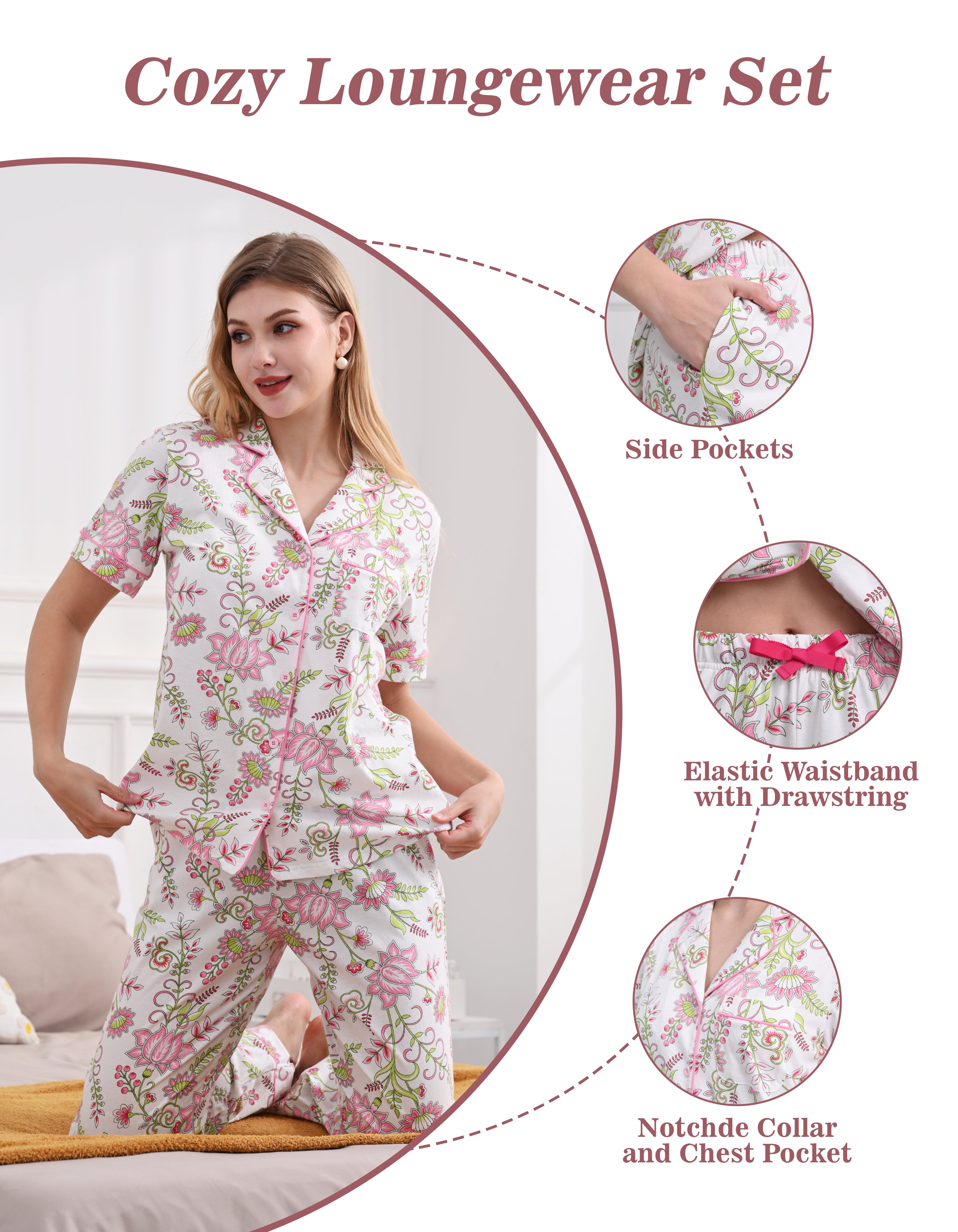 Floral print pajama set with notched collar elastic waistband and side pockets