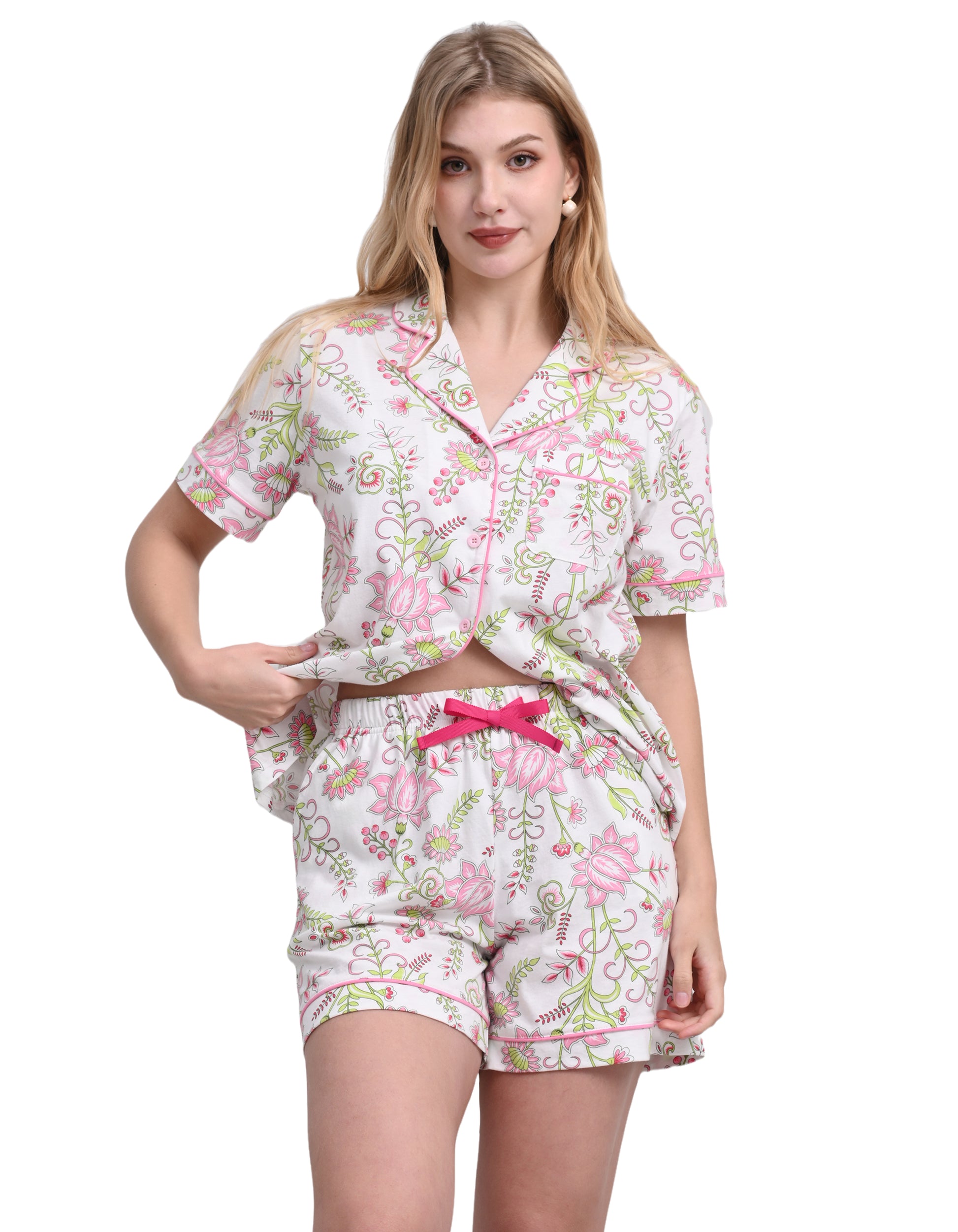 Women’s floral pattern cotton pajama set front view
