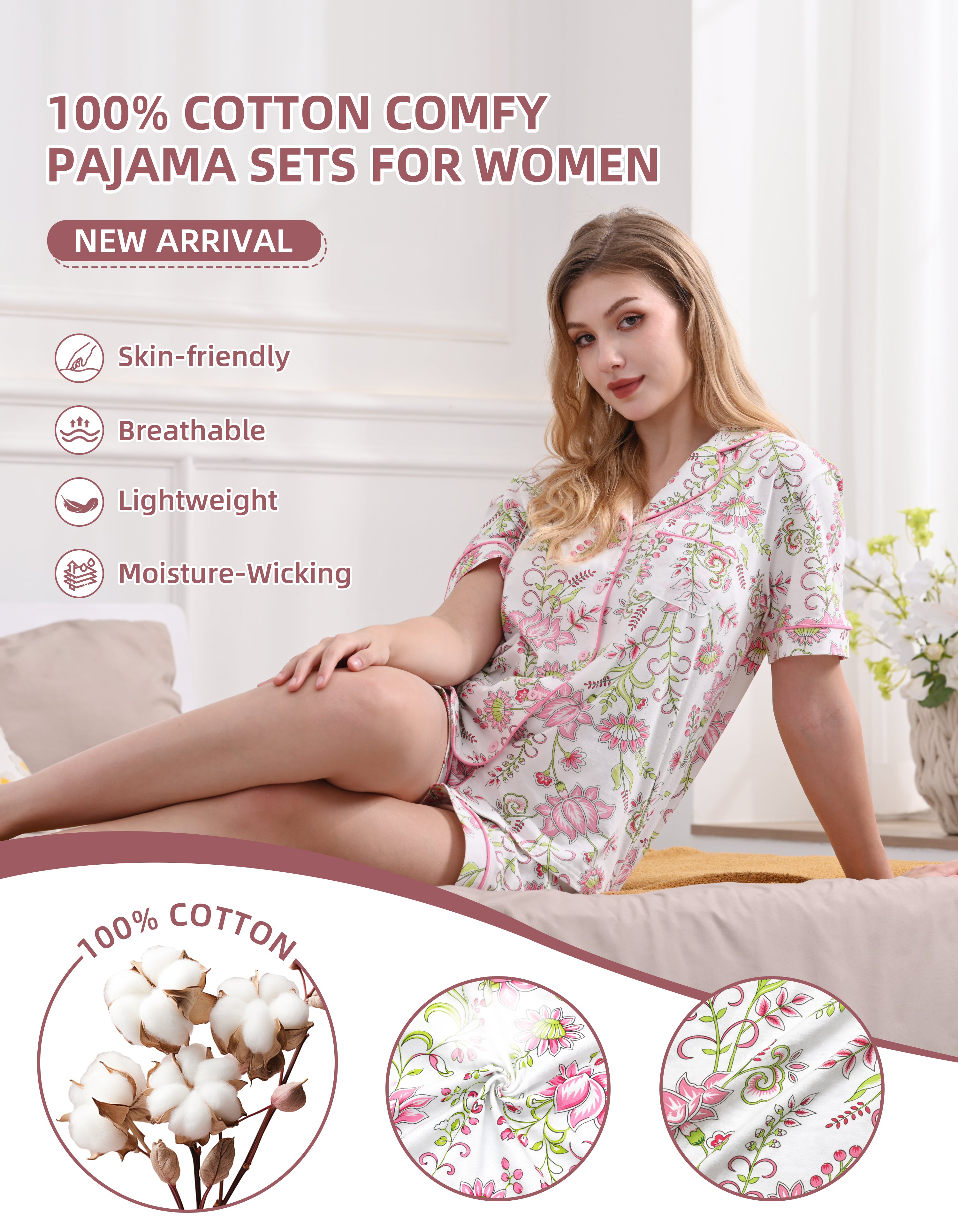 Close-up of floral pattern knit cotton pajama fabric