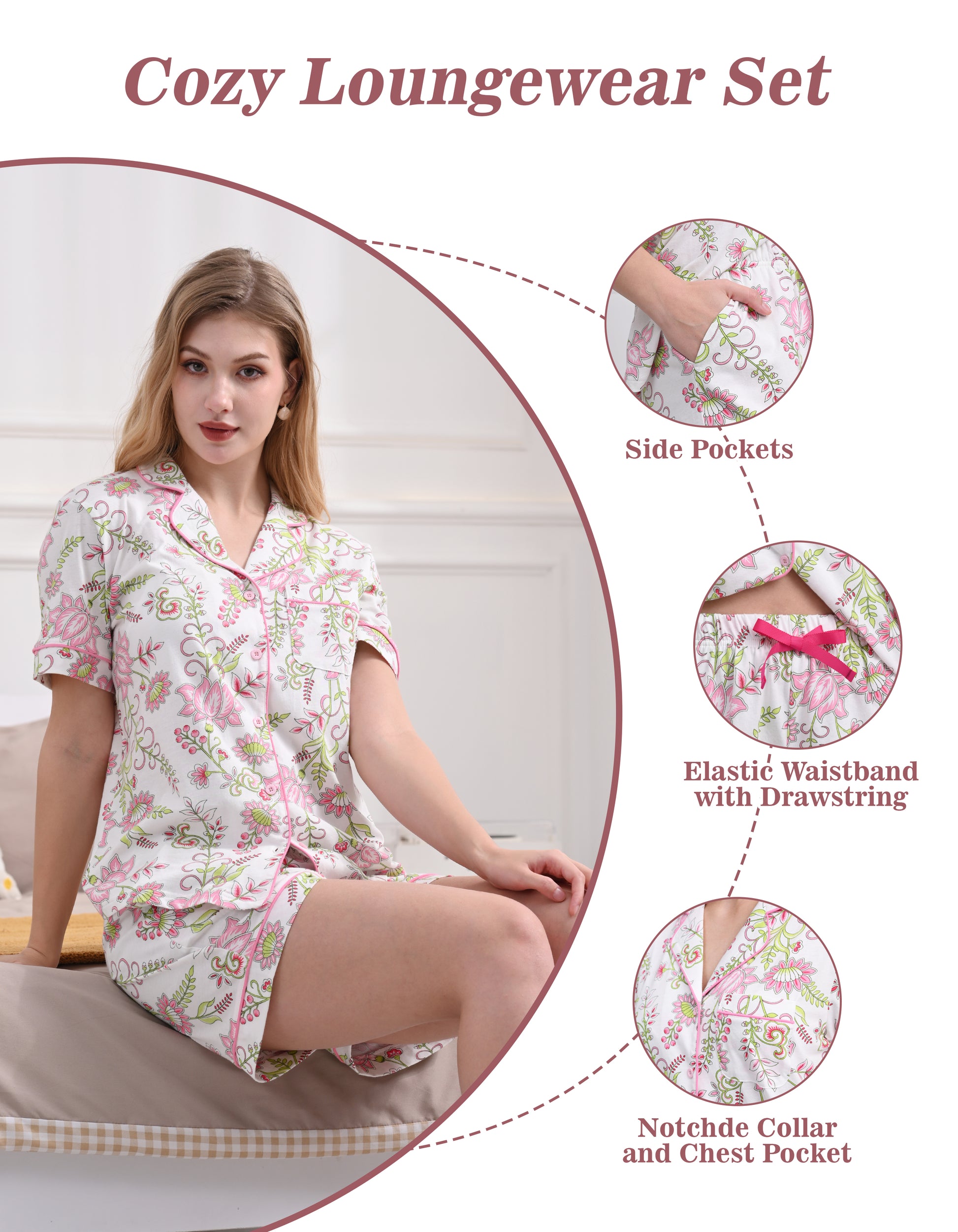 Floral pattern pajamas with notched collar and elastic waistband