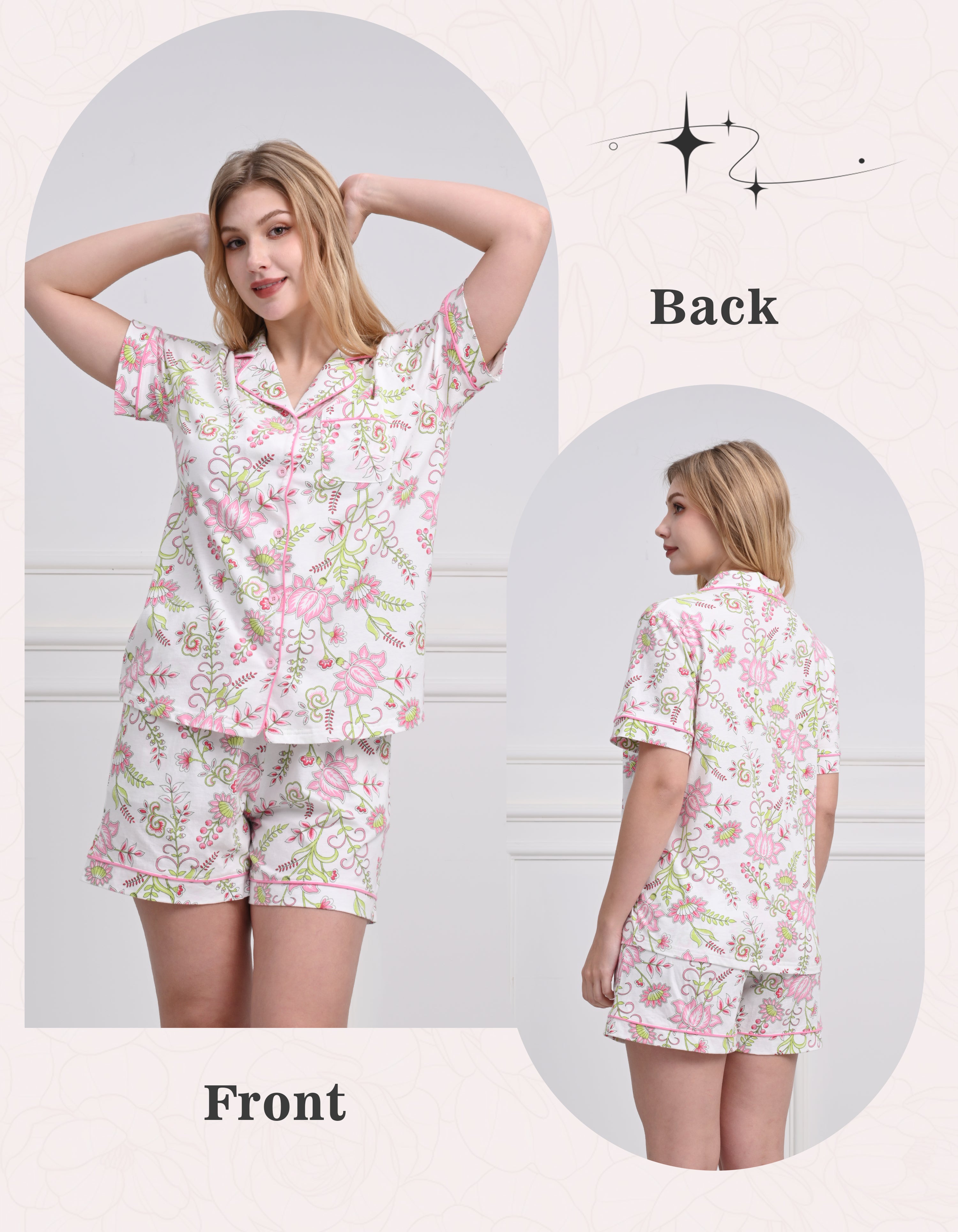 Front and back view of floral pattern pajama set