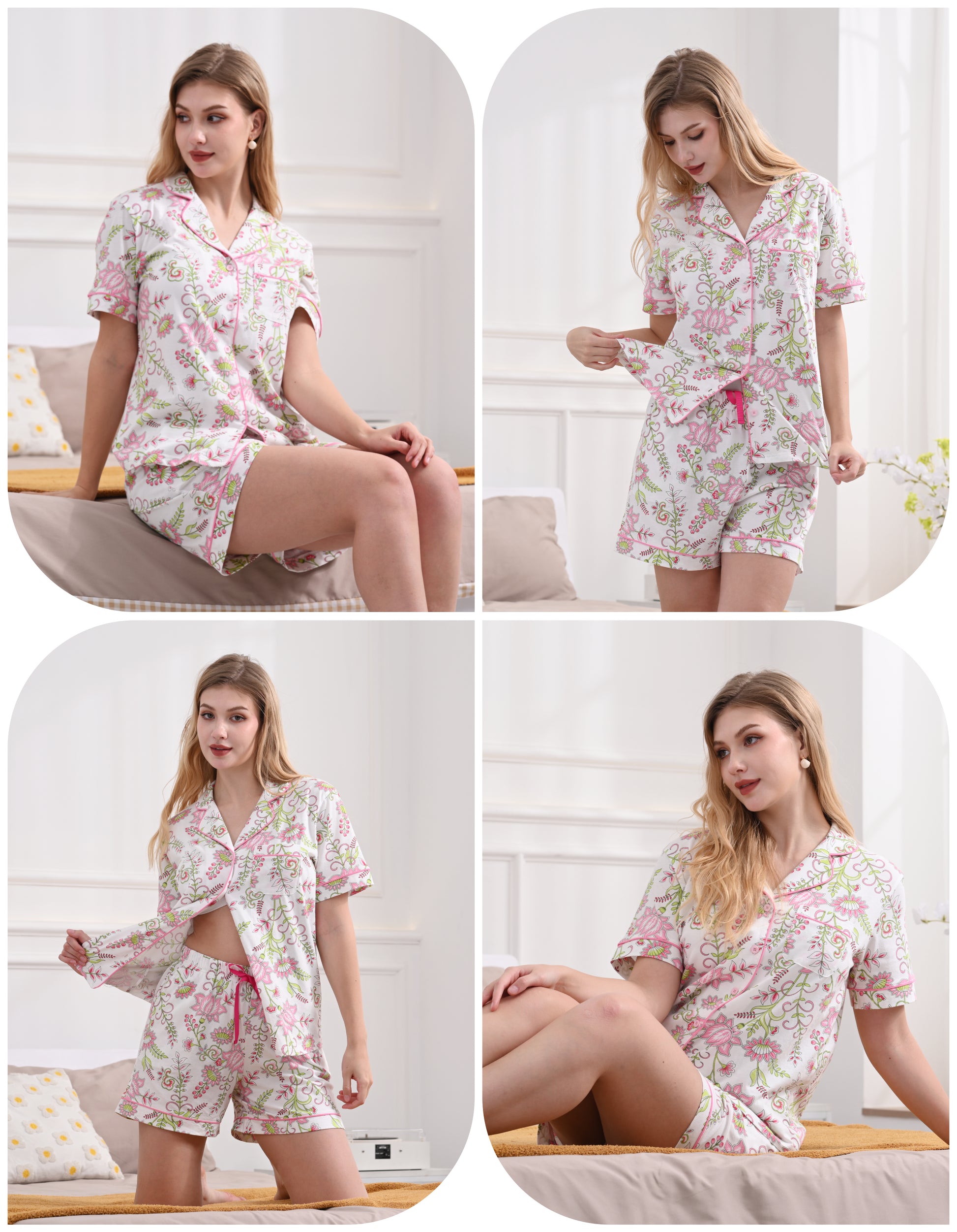 Model wearing floral pattern cotton pajamas at home