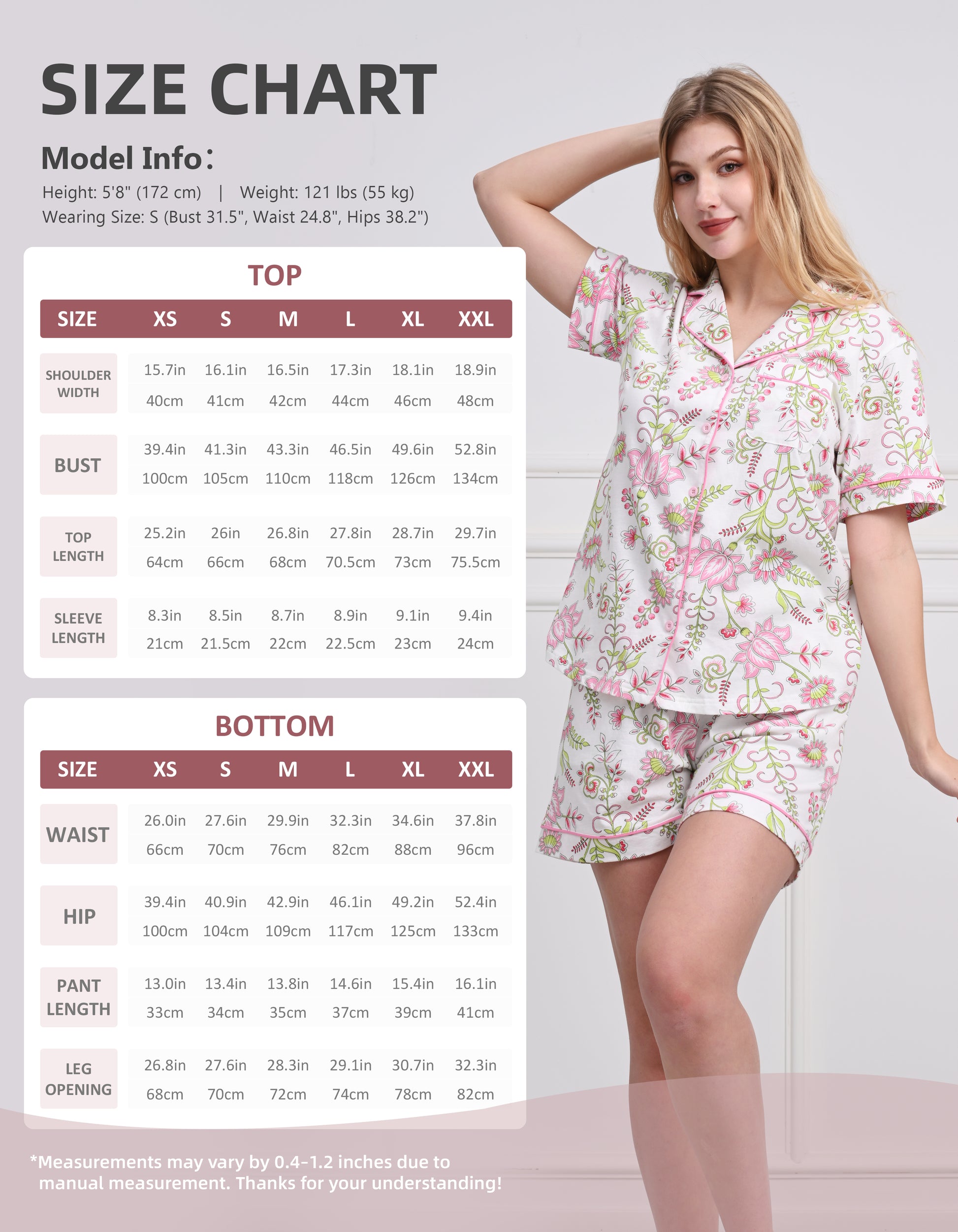 Size chart for floral pattern cotton pajama set