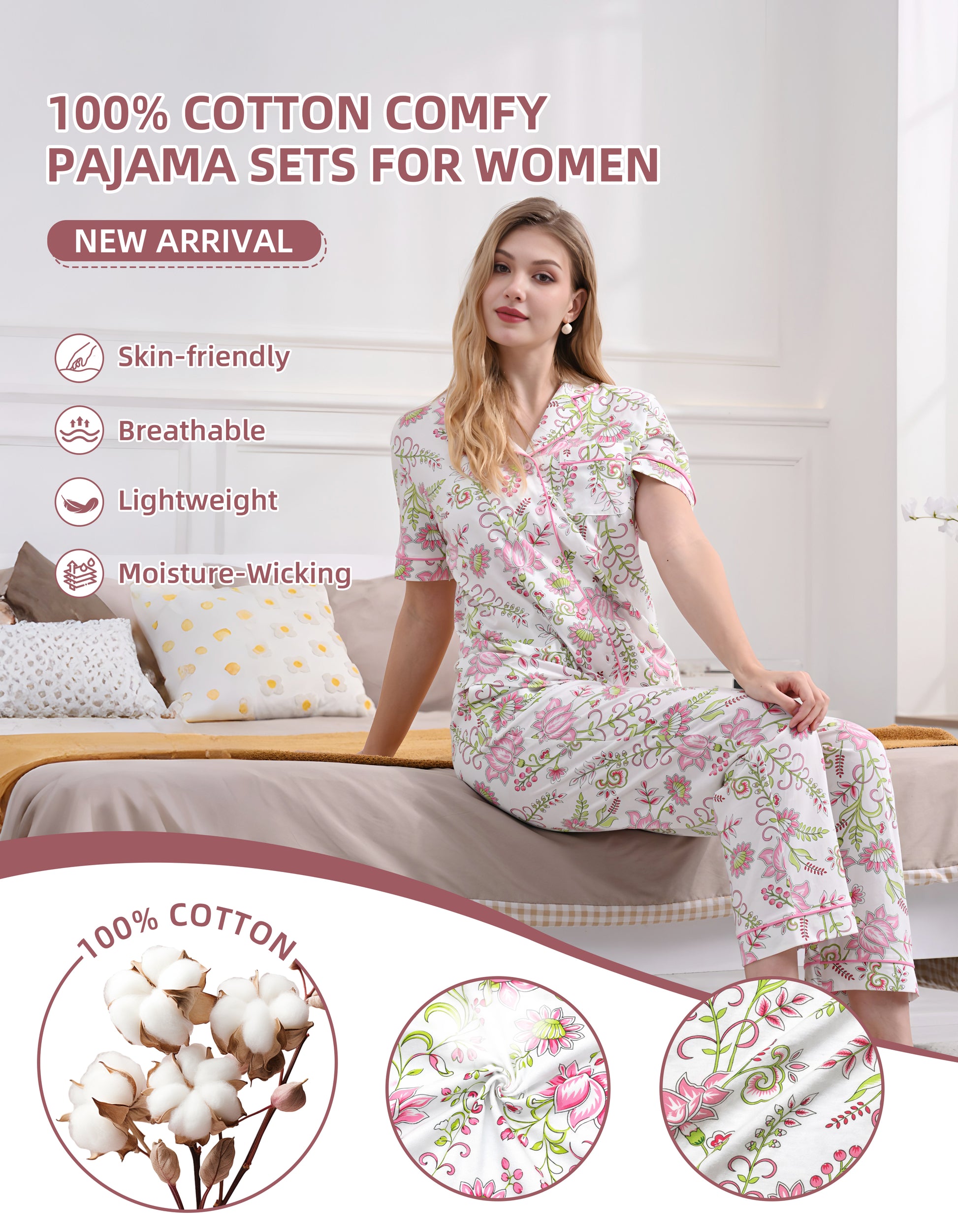 Close up of pink and green floral print 100 percent knit cotton fabric