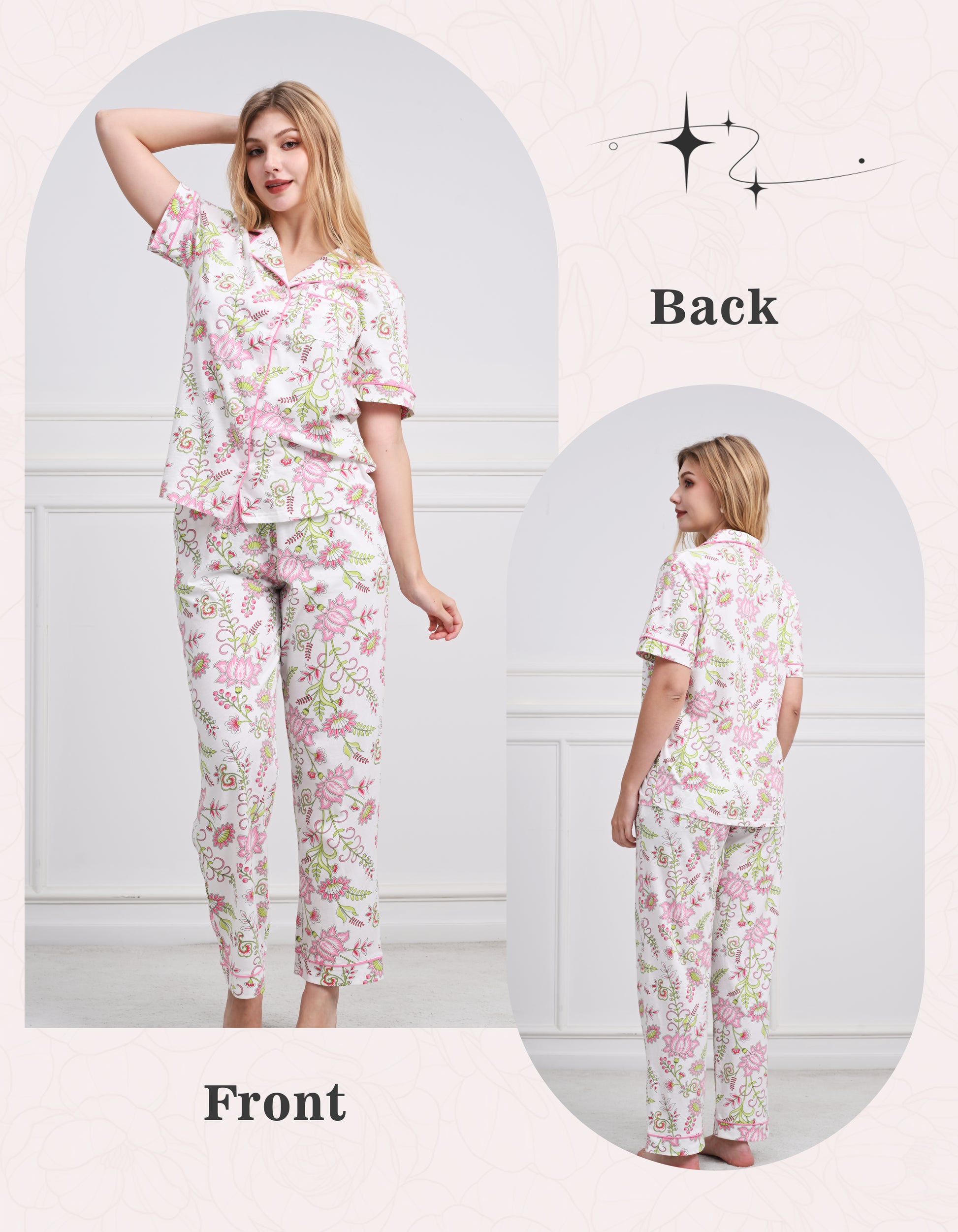 Front and back view of women floral print short sleeve pajama set
