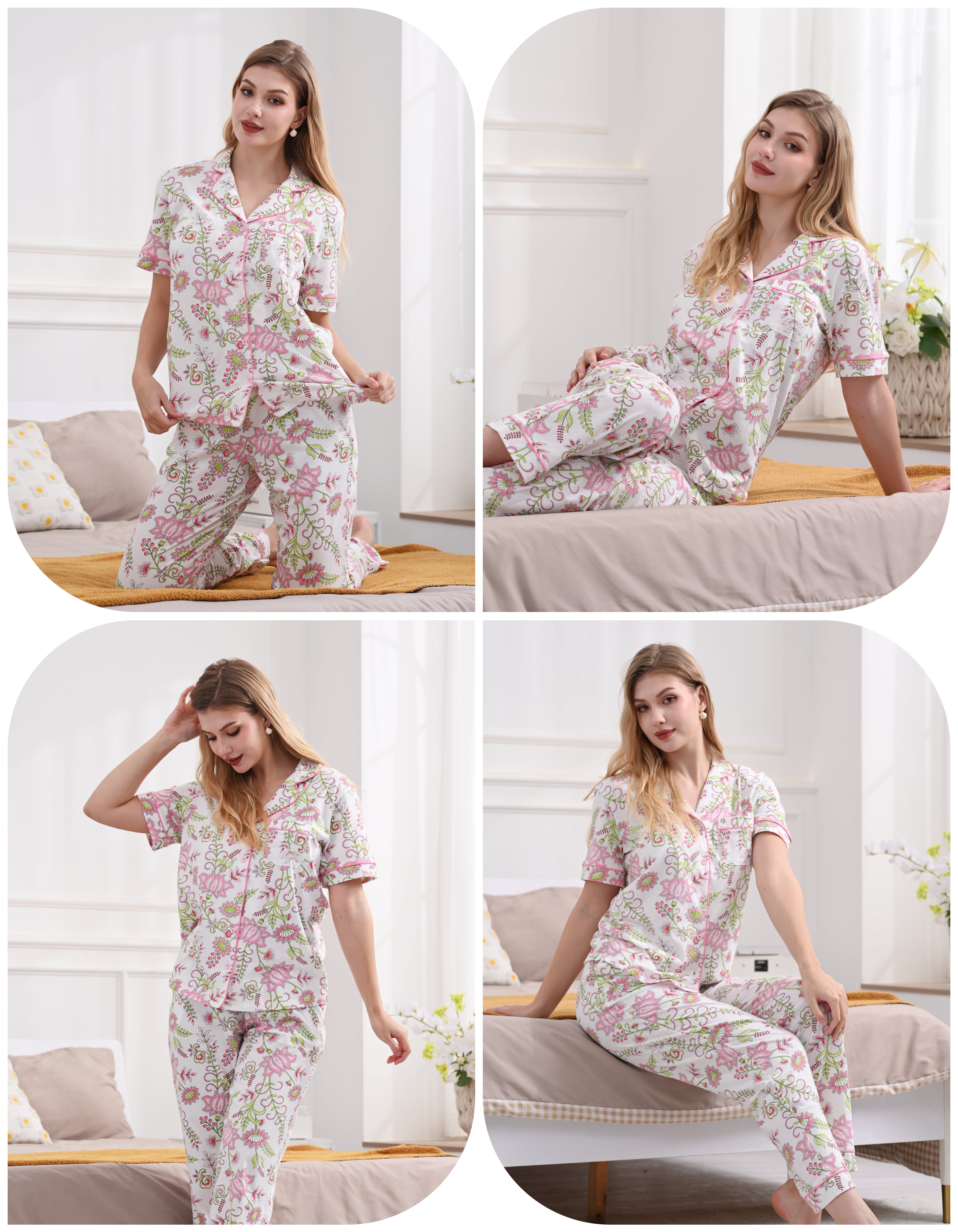 Model wearing floral print cotton pajama set relaxing at home