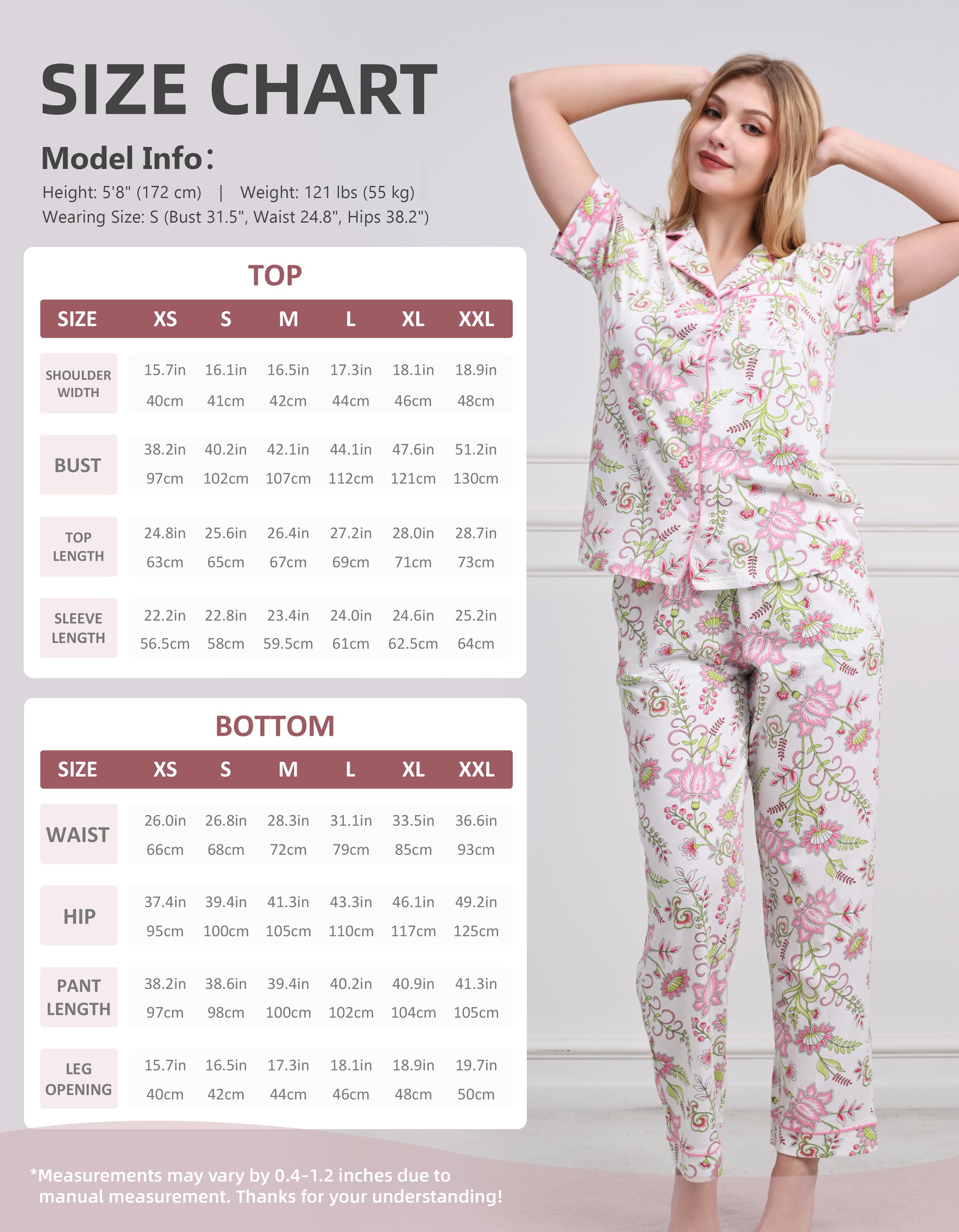 Size chart for women floral print cotton pajama set