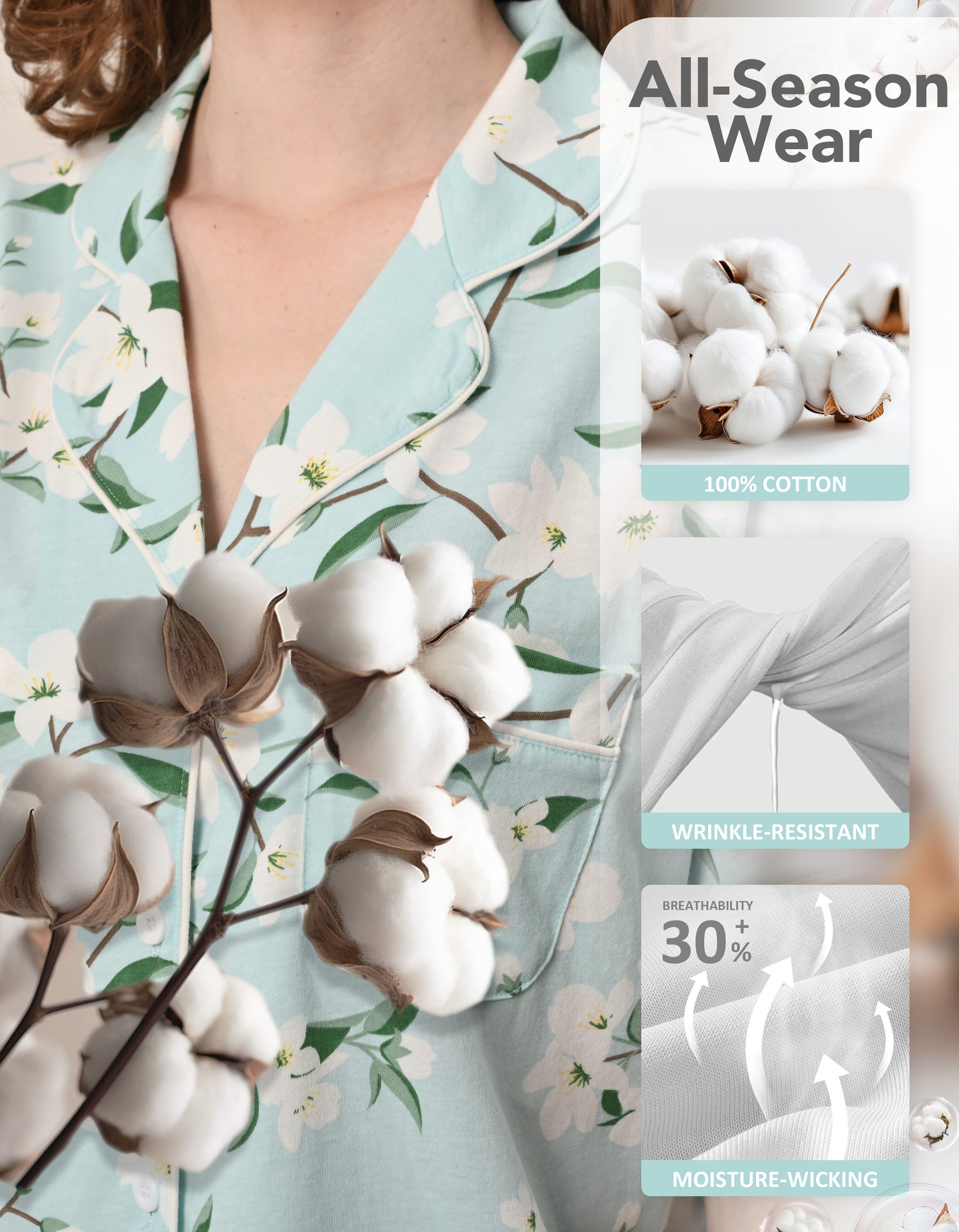 Detail of gardenia floral cotton pajama fabric showing notch collar and breathable cotton texture