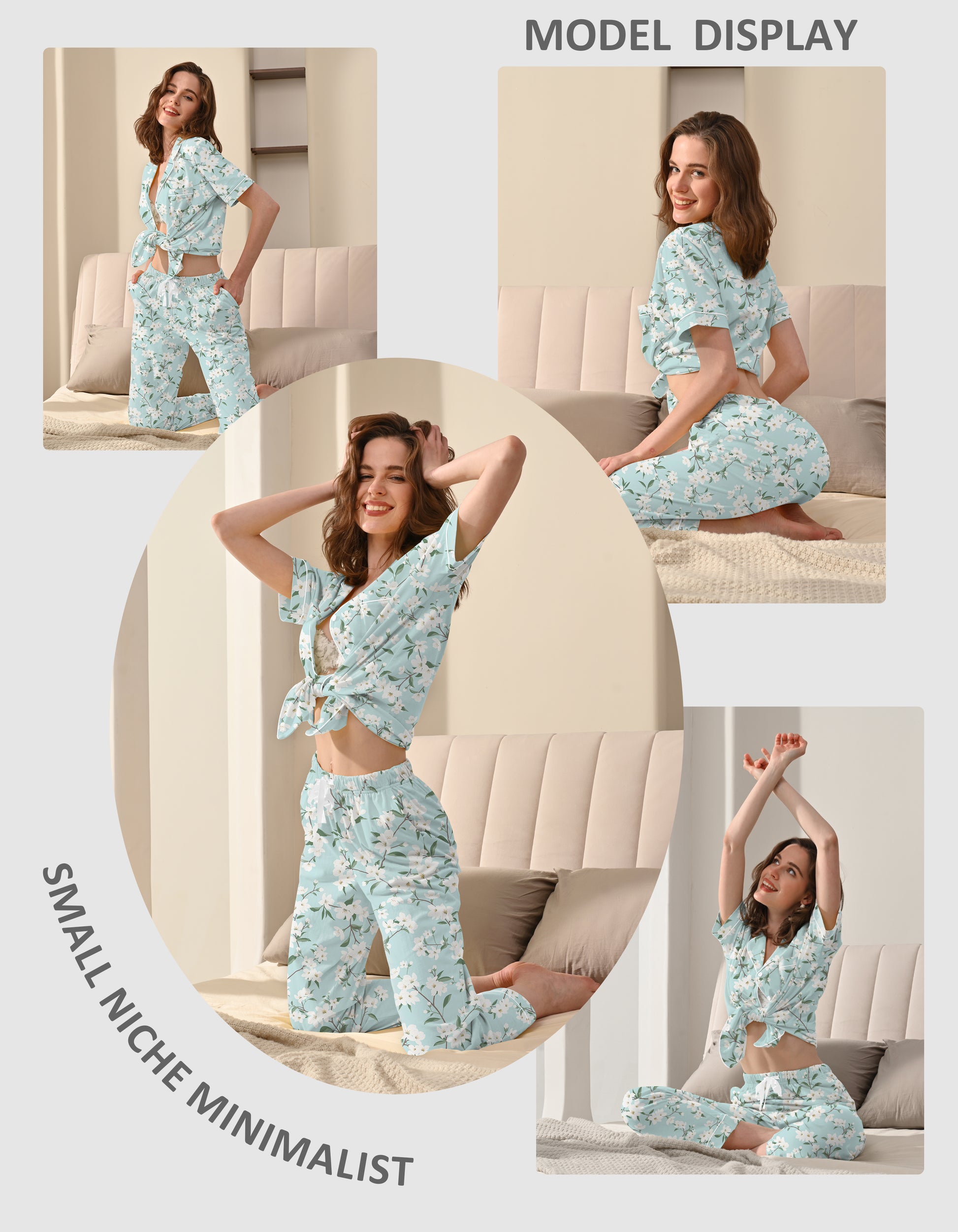 Model wearing gardenia floral cotton pajama set in a cozy indoor lifestyle scene