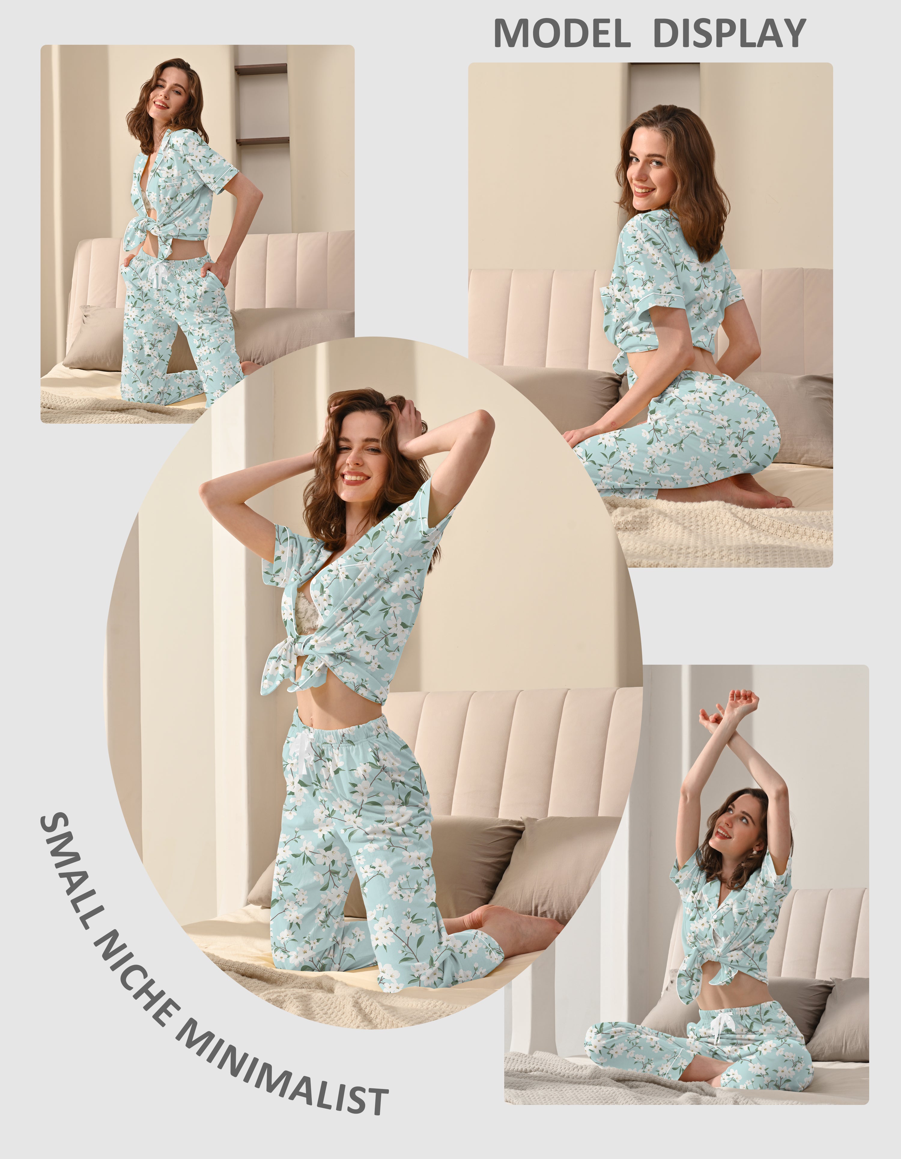 Model wearing gardenia floral cotton pajama set in a cozy indoor lifestyle scene