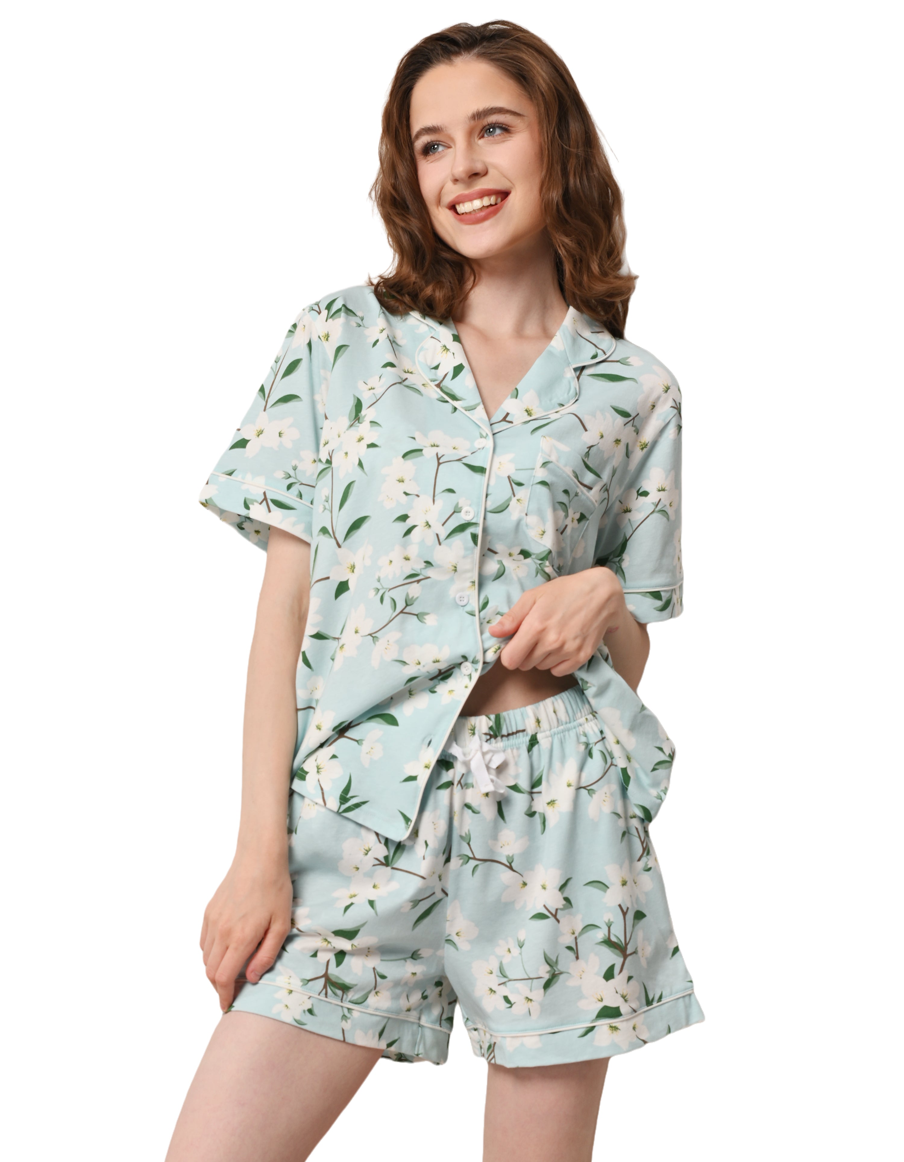 Gardenia floral print women’s knit cotton pajama set front view on white background