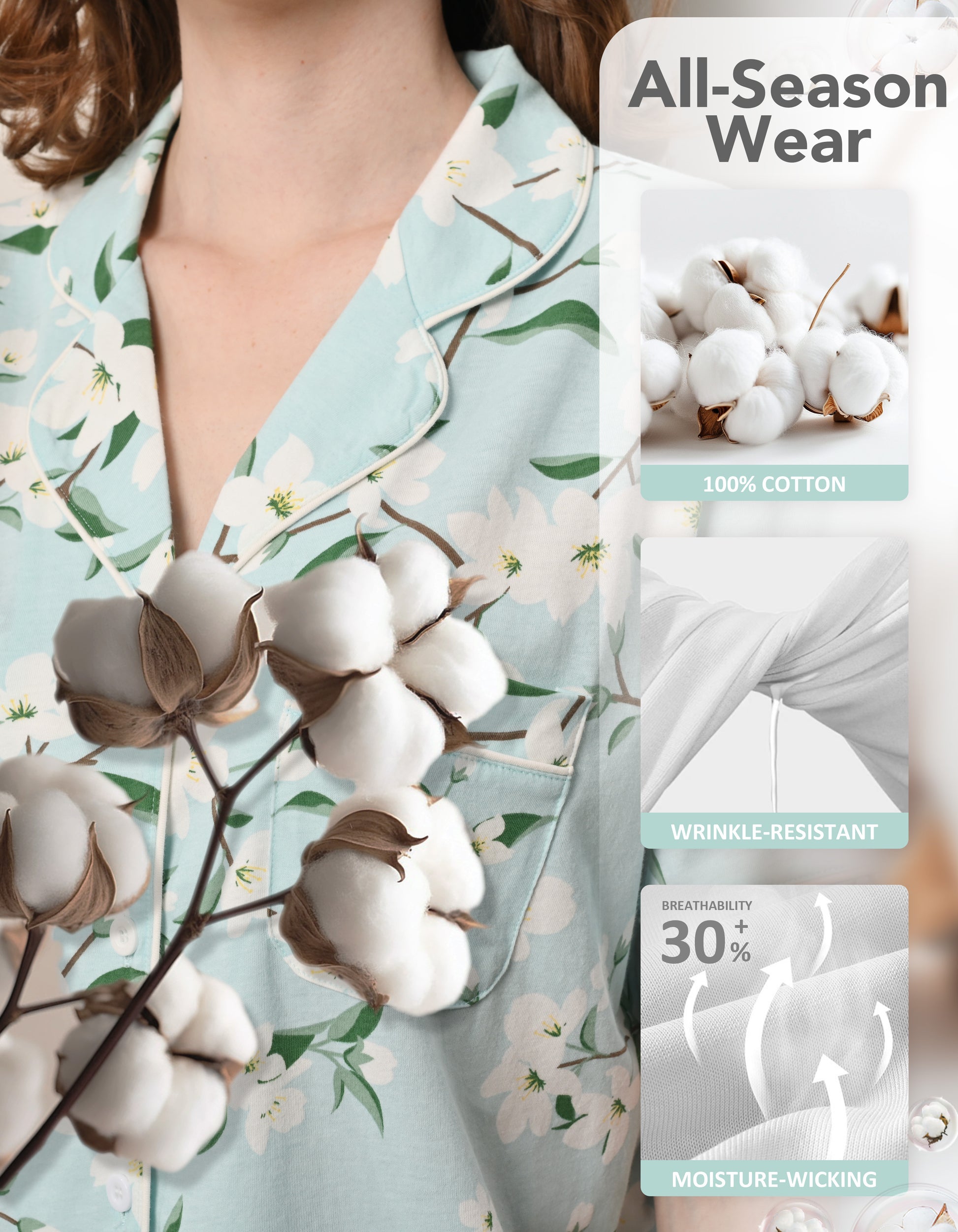 Close-up of gardenia floral print knit cotton pajama fabric showing breathability and softness