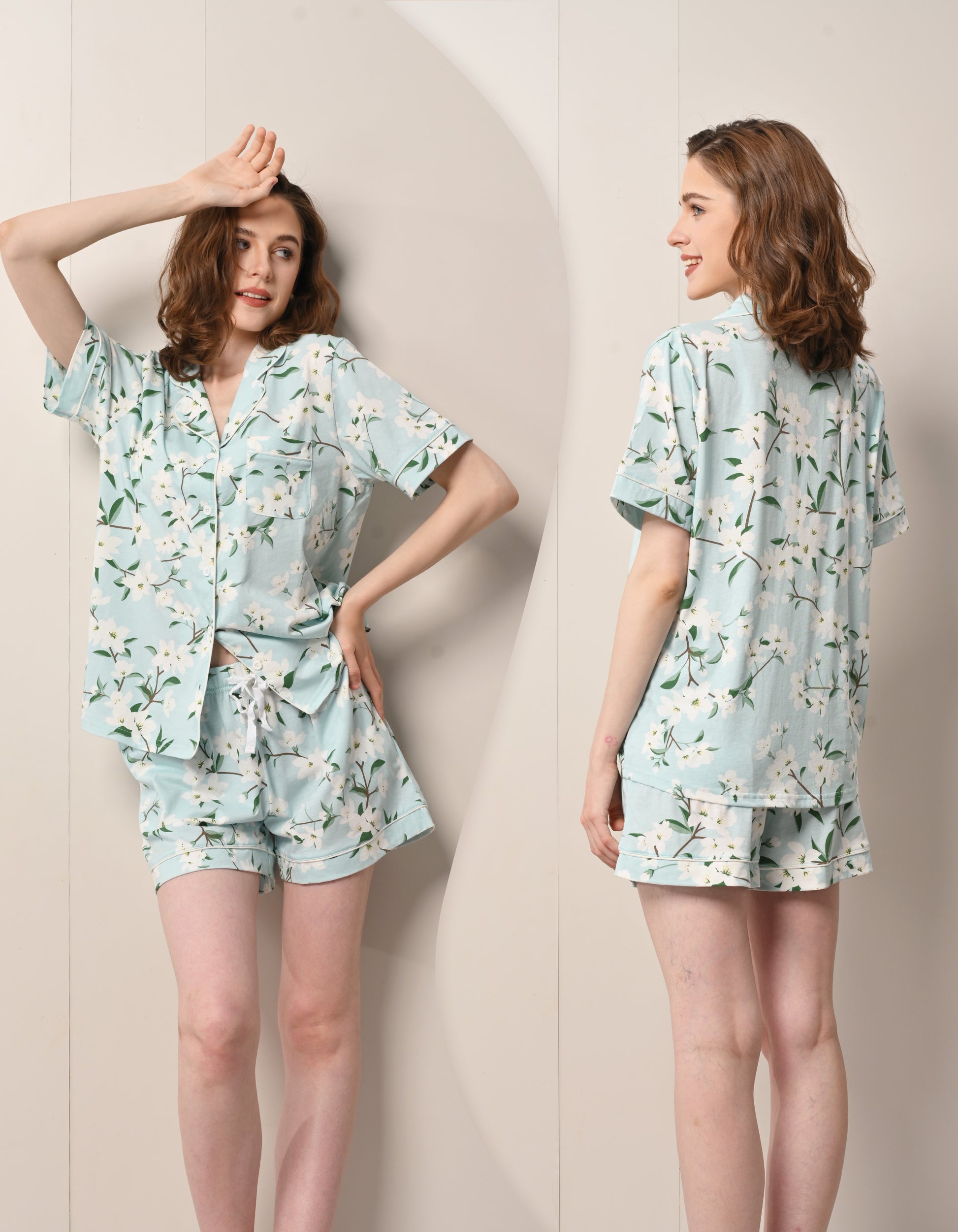 Front and back view comparison of gardenia floral print women’s pajama set