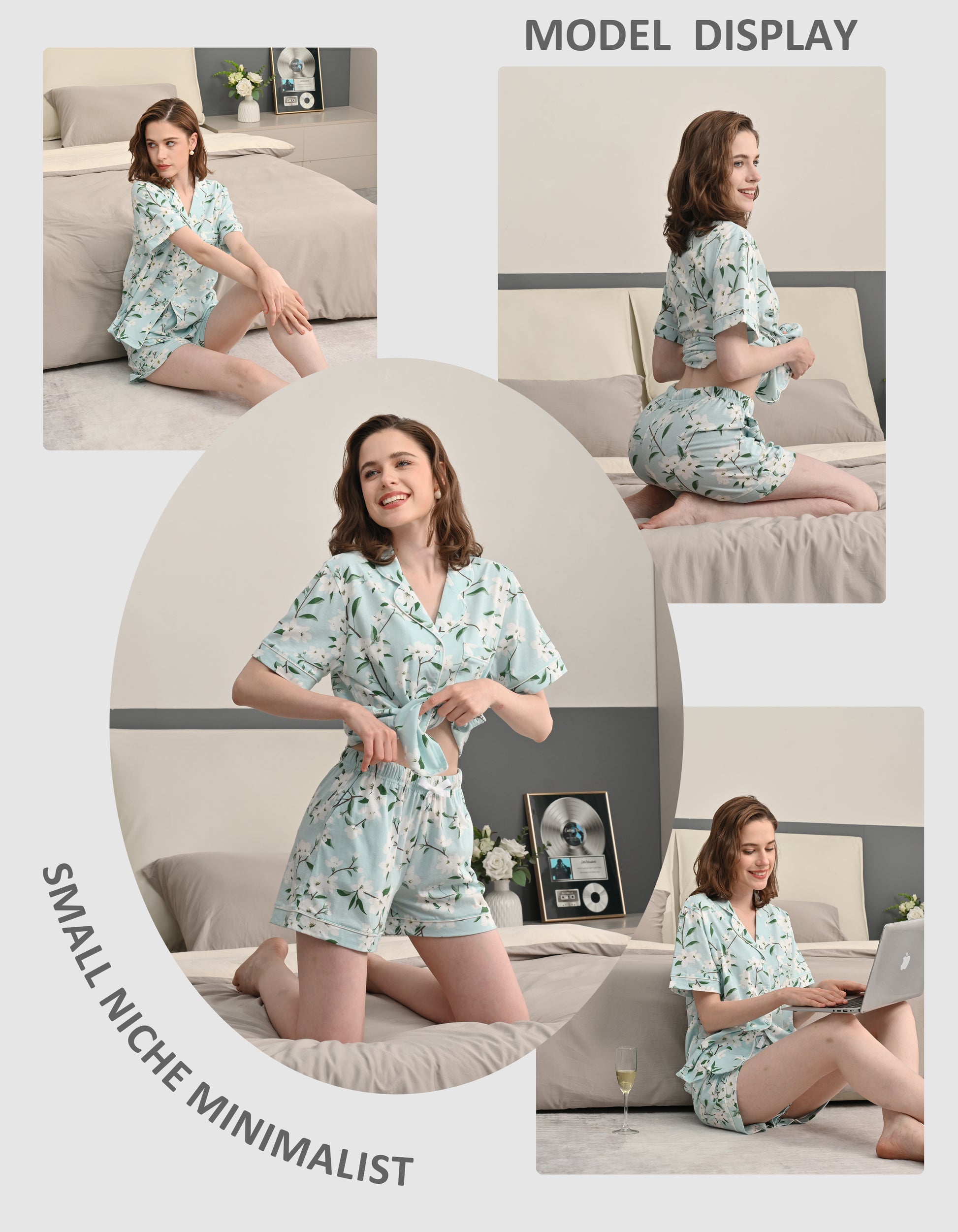 Model wearing gardenia floral print knit cotton pajamas in cozy home and sofa scenes