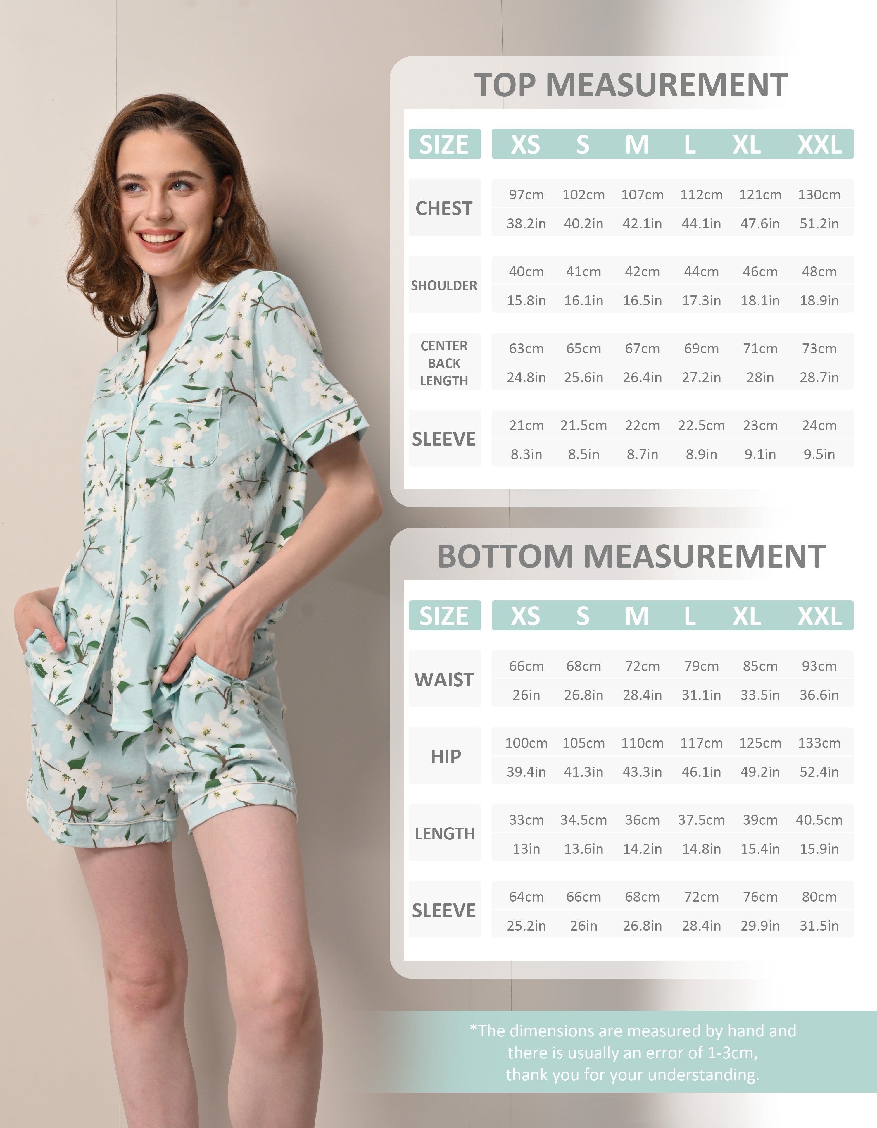Size chart for women’s gardenia floral knit cotton pajama set top and shorts