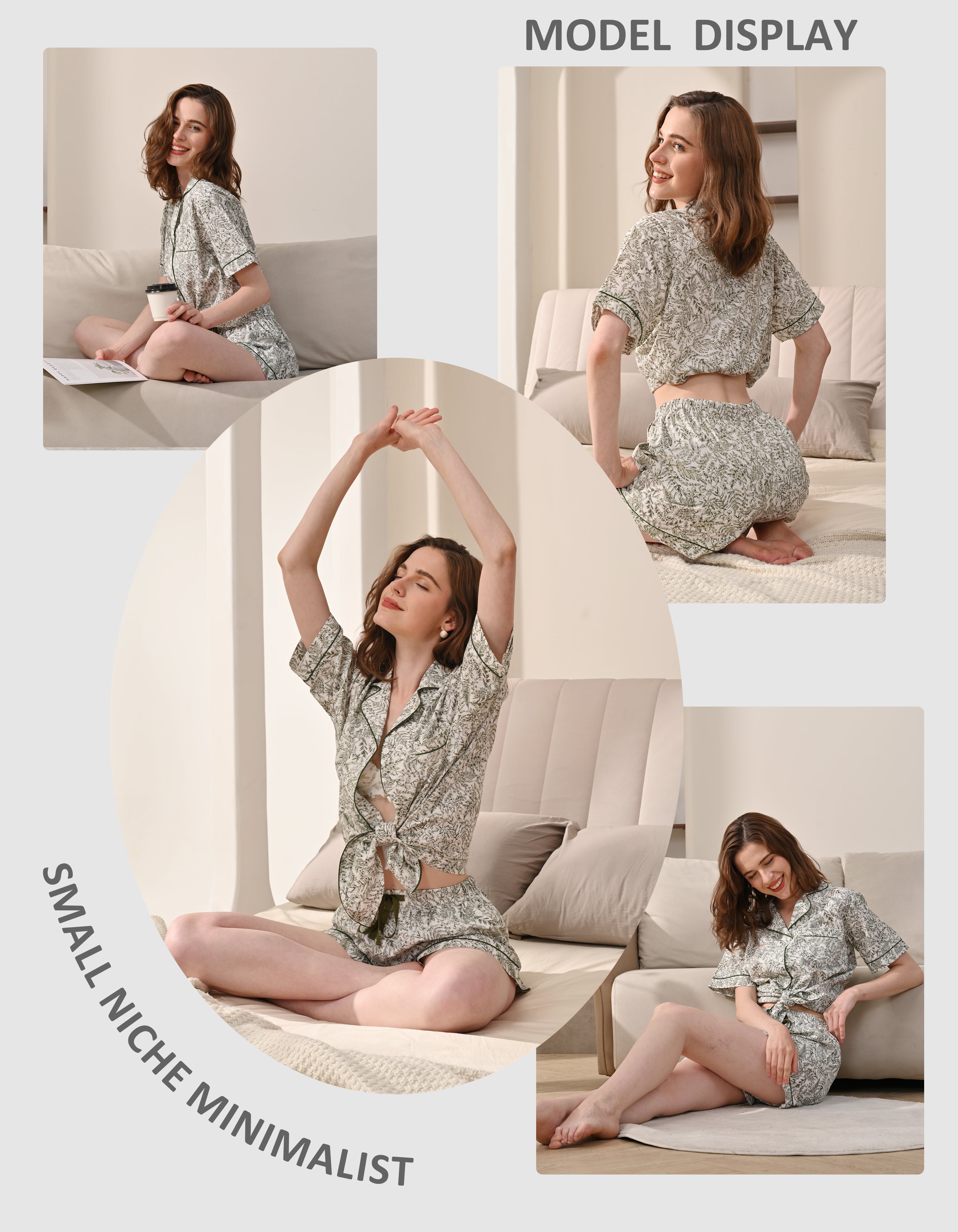 model wearing green botanical pajama set at home lifestyle scene