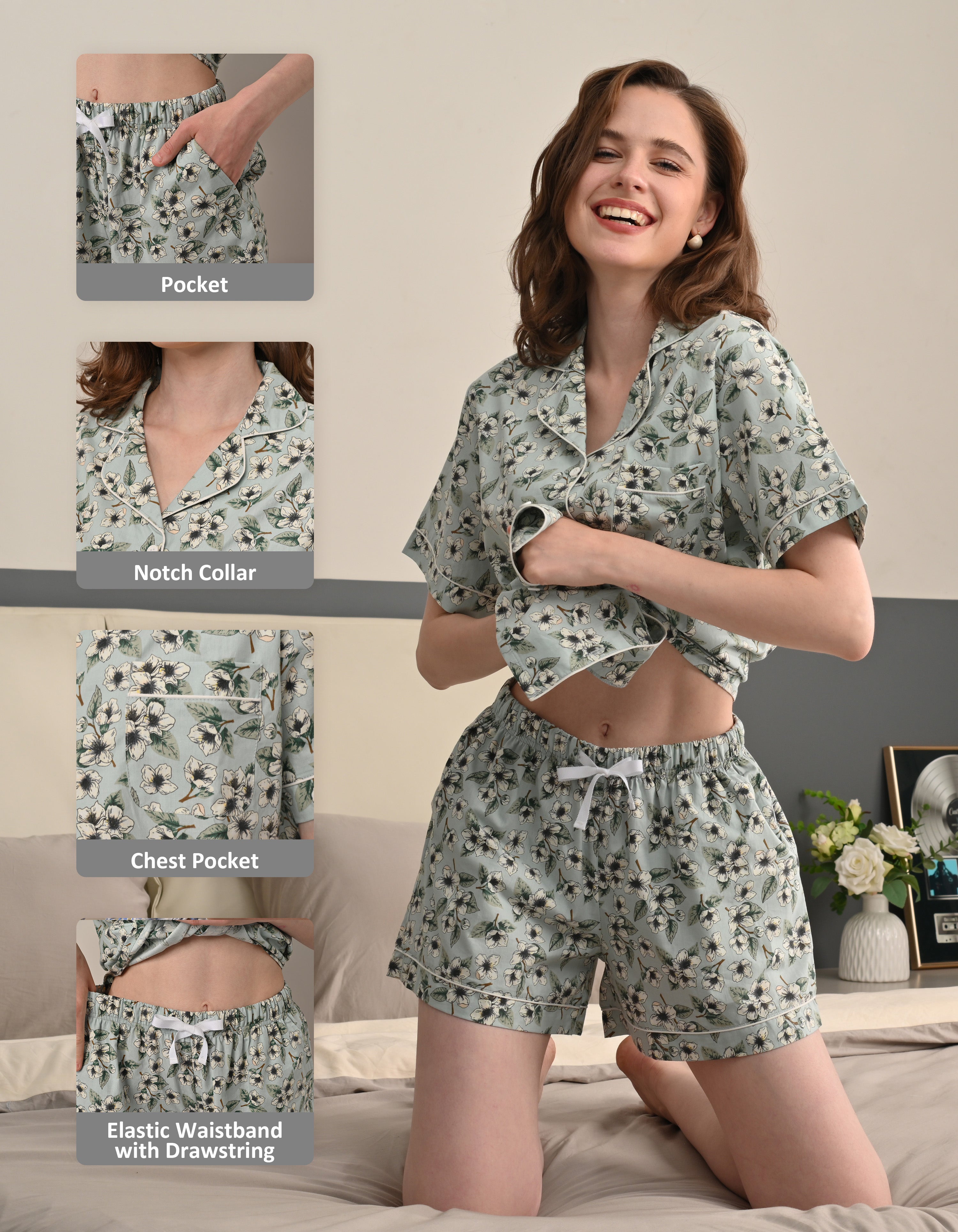 Green gardenia pajama set details including pocket, notched collar, chest pocket, and elastic waistband with drawstring