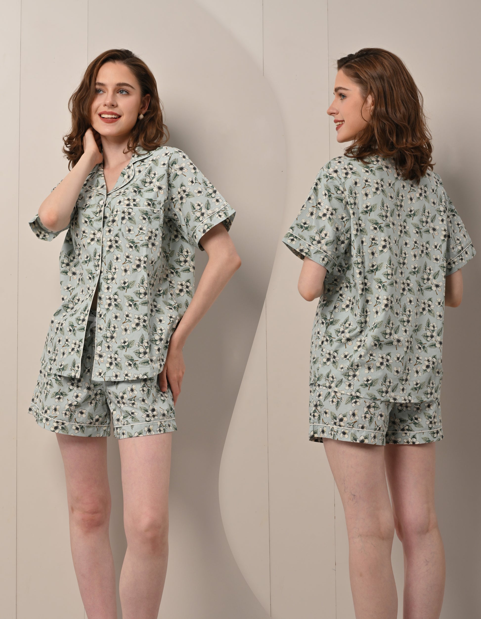 Front and back view of women green gardenia woven cotton pajama set