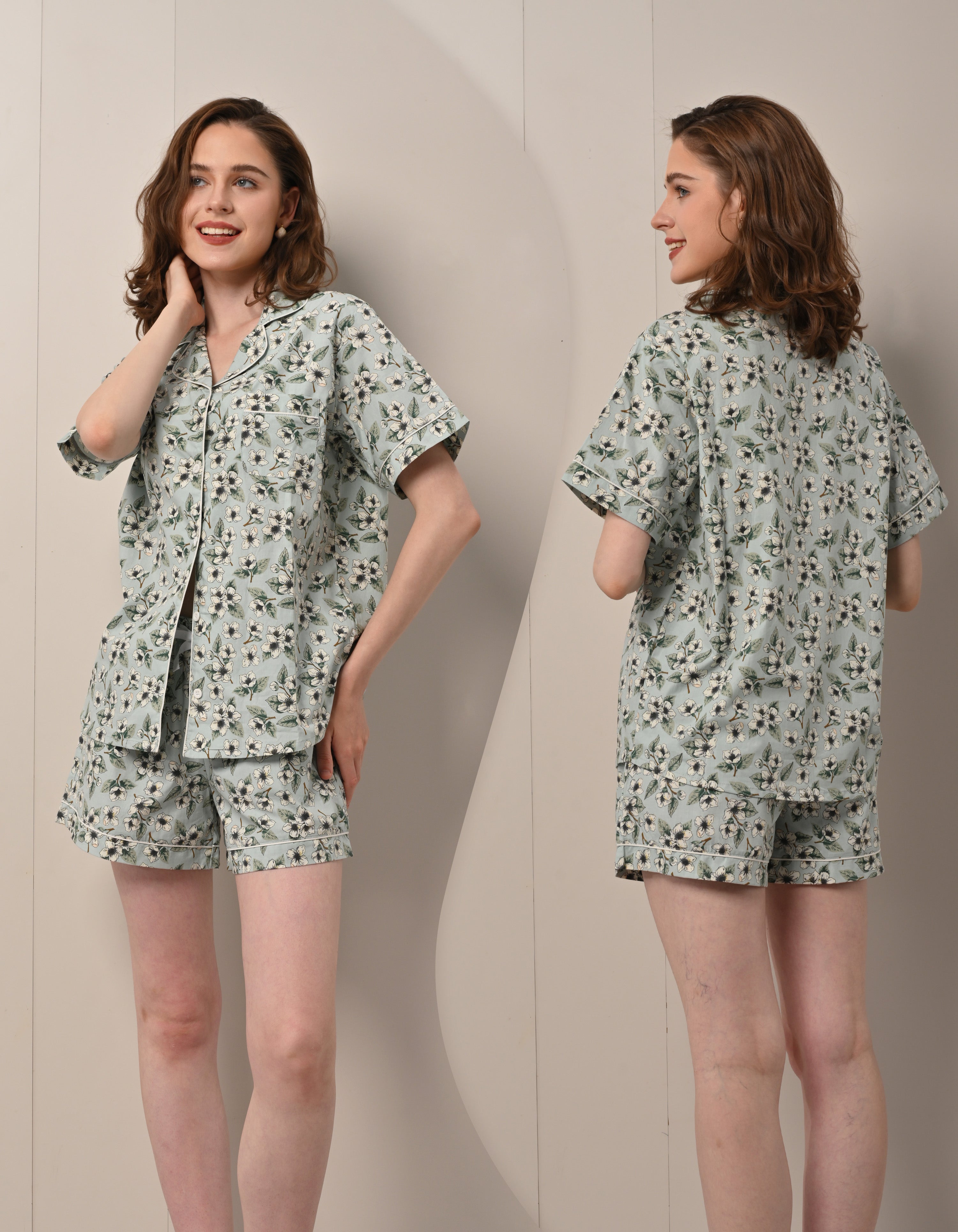 Front and back view of women green gardenia woven cotton pajama set