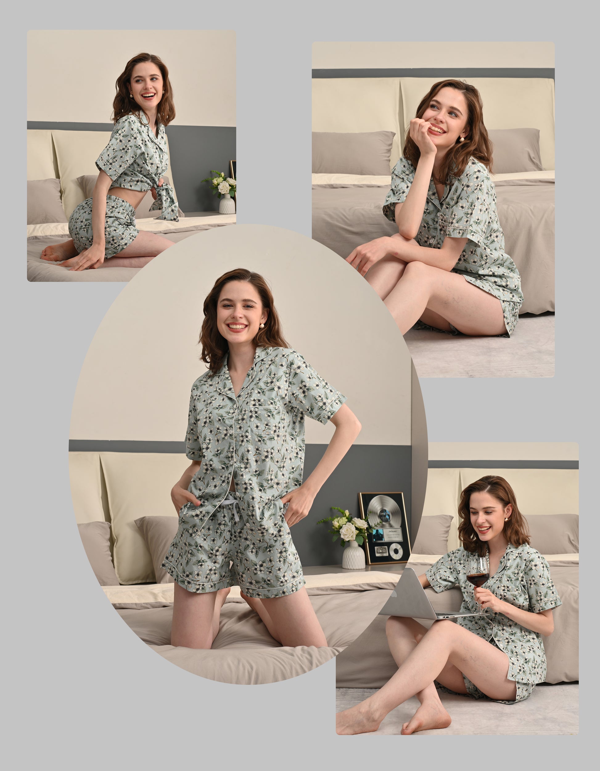 Model wearing green gardenia woven cotton pajama set in home lifestyle scenes