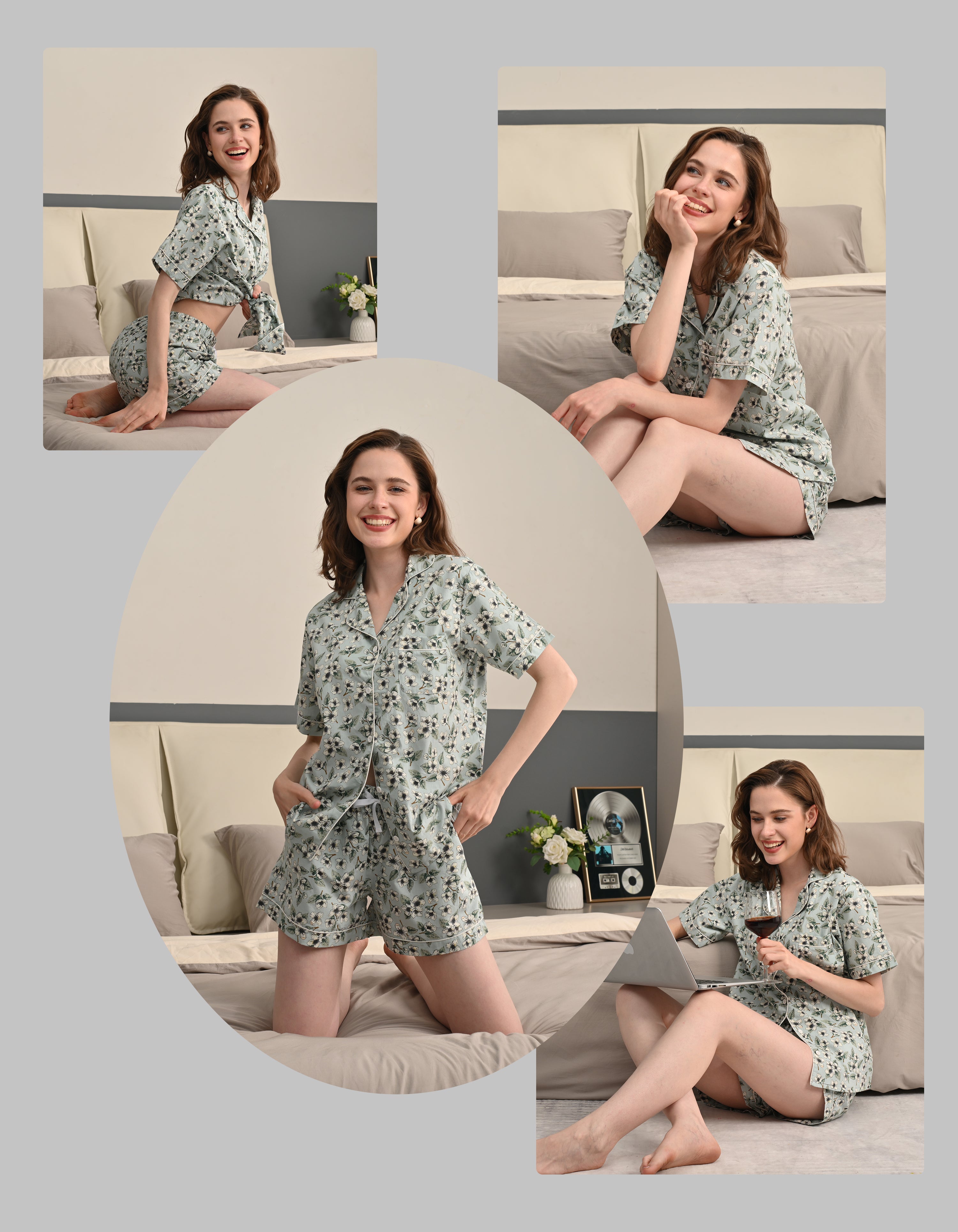 Model wearing green gardenia woven cotton pajama set in home lifestyle scenes