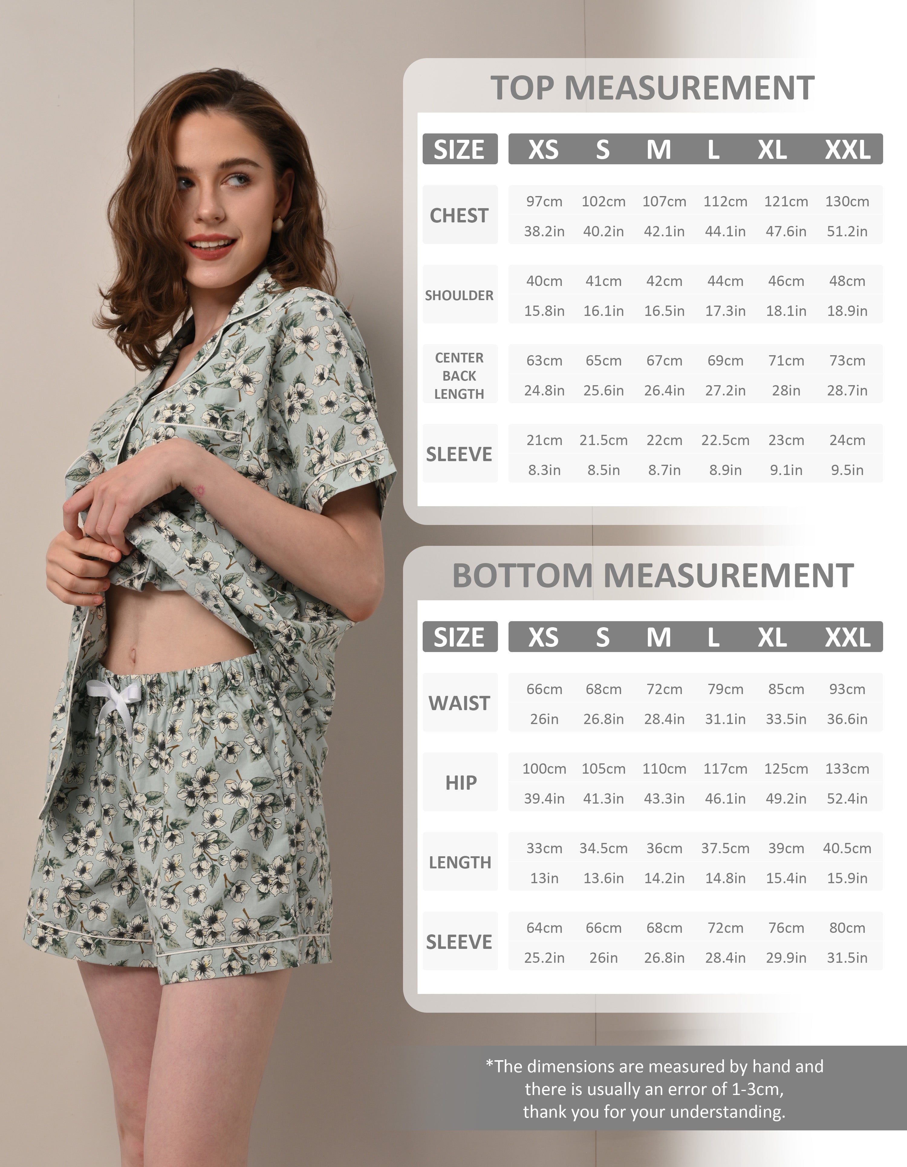 Size chart for women green gardenia woven cotton pajama set top and shorts