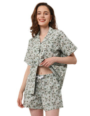 Women green gardenia woven cotton pajama set front view on white background