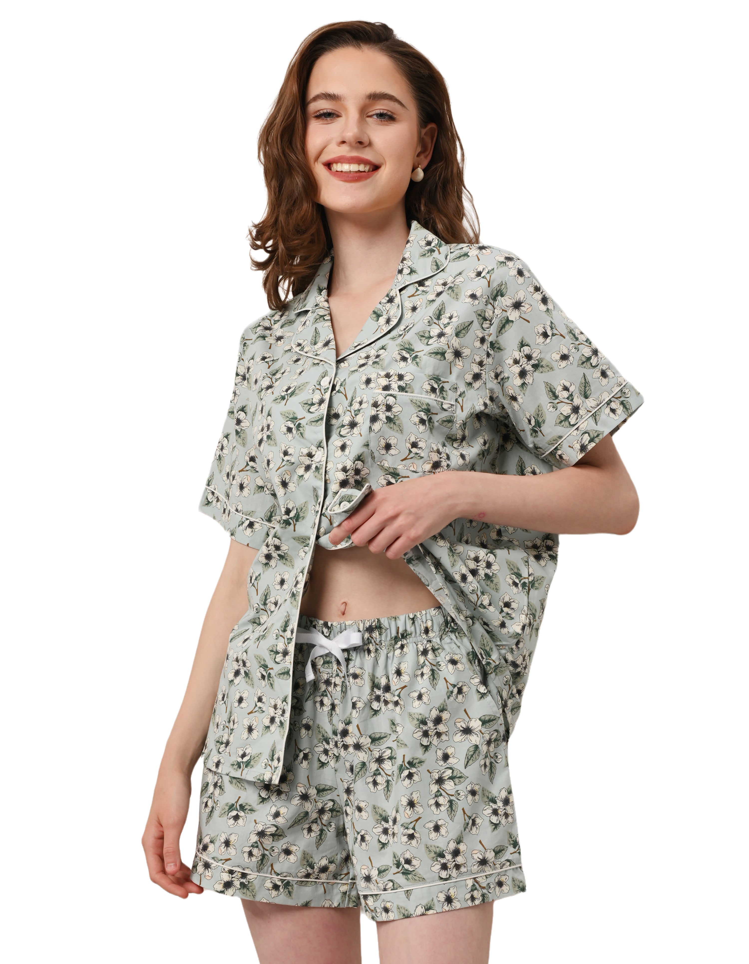 Women green gardenia woven cotton pajama set front view on white background