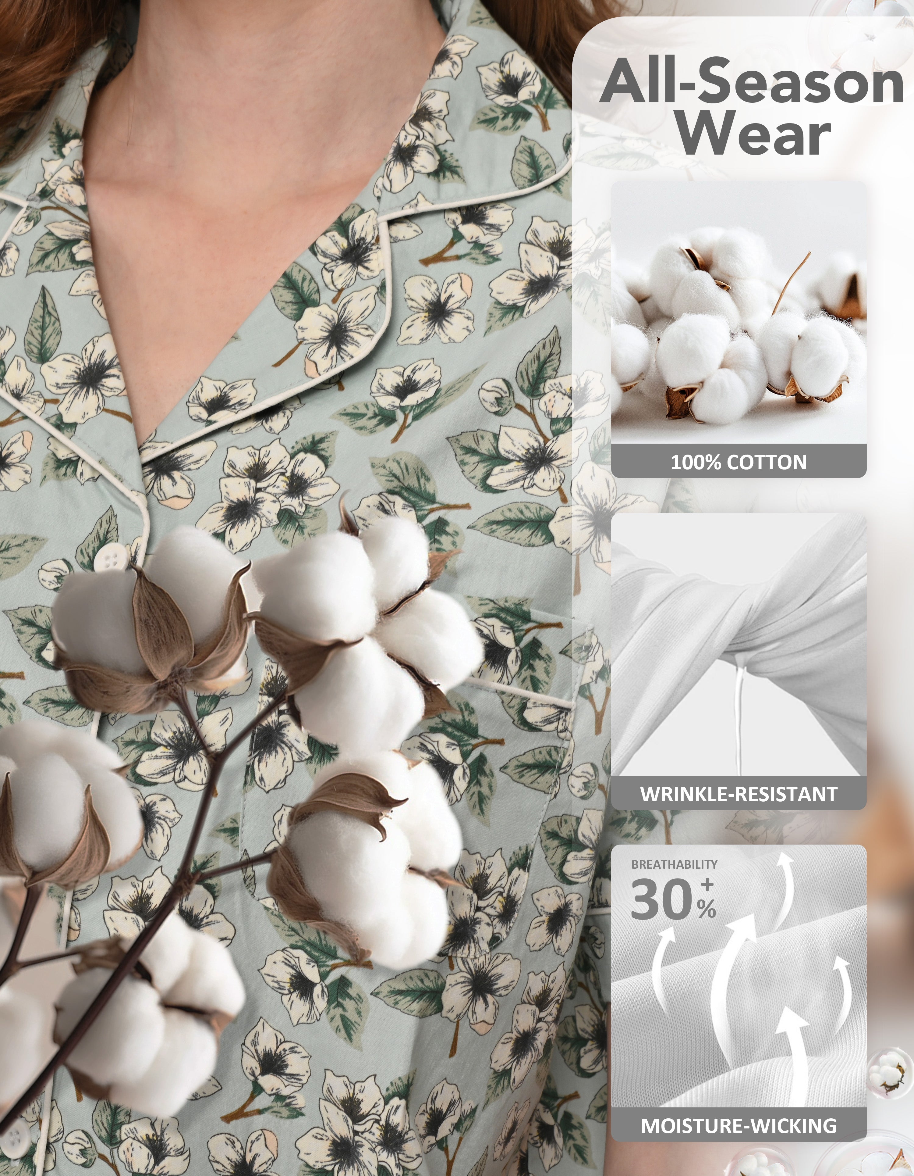 Close-up of green gardenia woven cotton pajama fabric showing breathable lightweight texture