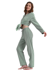 Green solid women’s knit cotton pajama set front view on white background